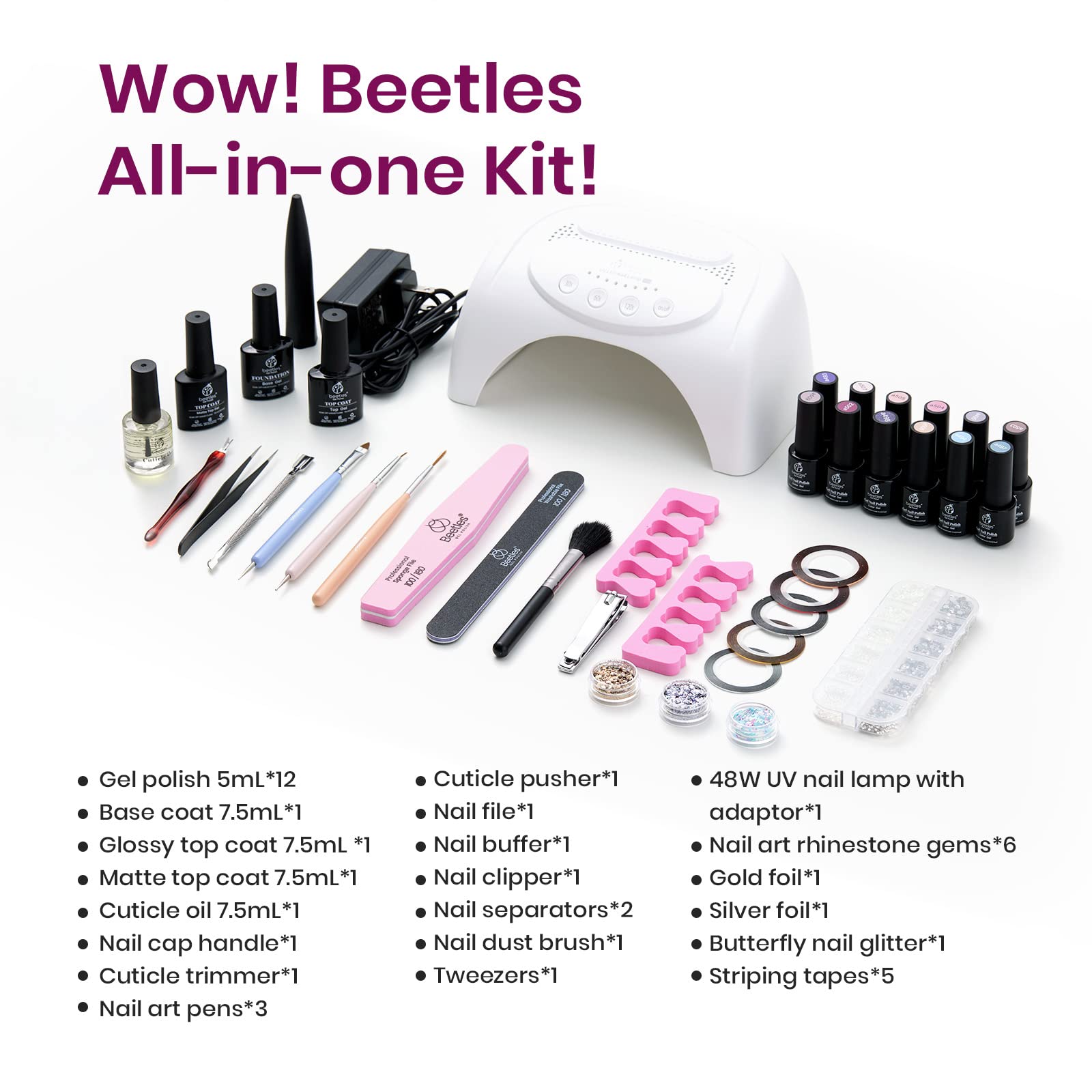 Beetles 12 Colors Gel Nail Polish Starter Kit with U V Light 48W LED Nail Lamp Gel Base Top Coat Cure Nude Pink Blue Gel Polish Glitter Powder Nail Art Rhinestone Gems Manicure Set Gifts for Girls