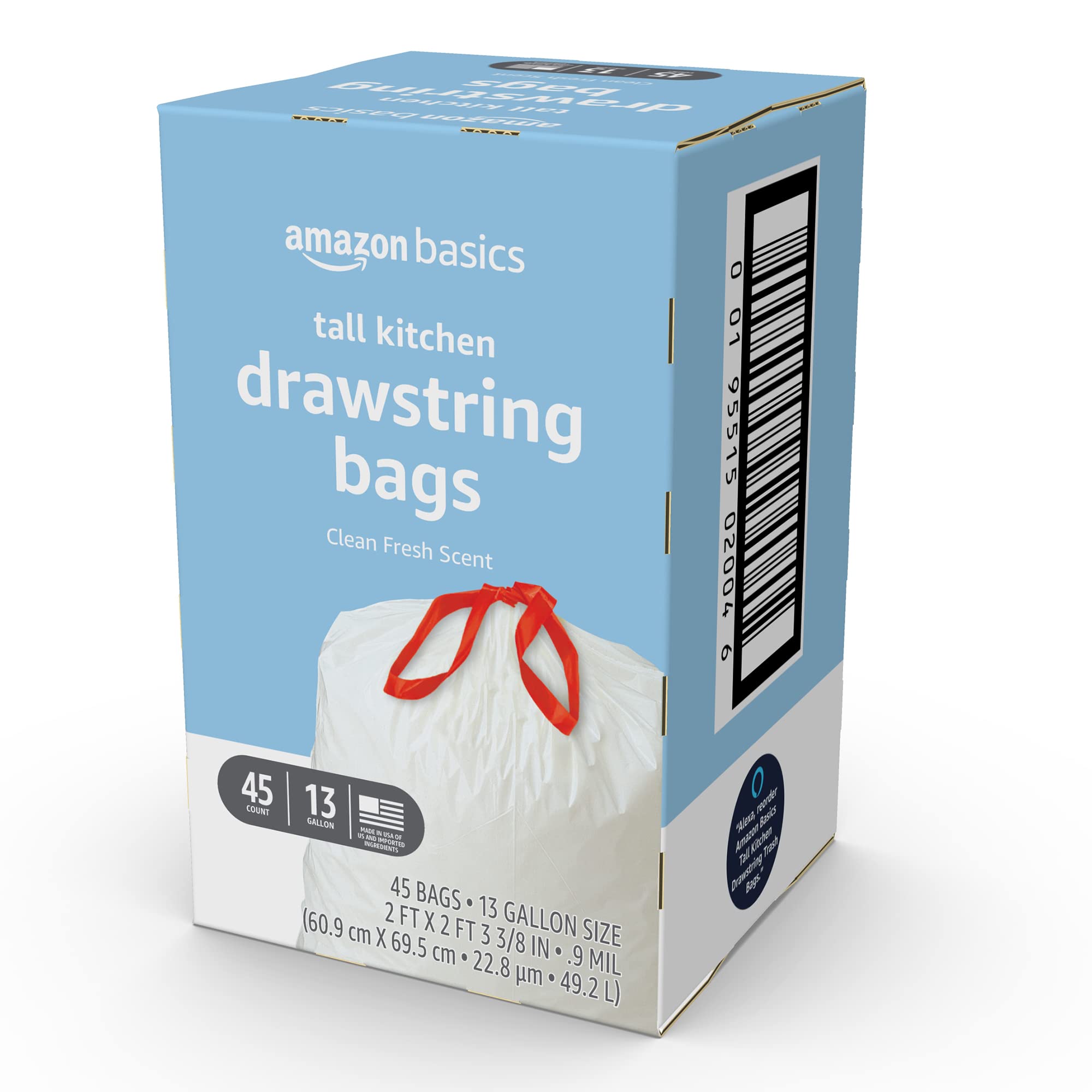 Amazon Basics Tall Kitchen Drawstring Trash Bags, Clean Fresh Scent, 13 Gallon, 45 Count