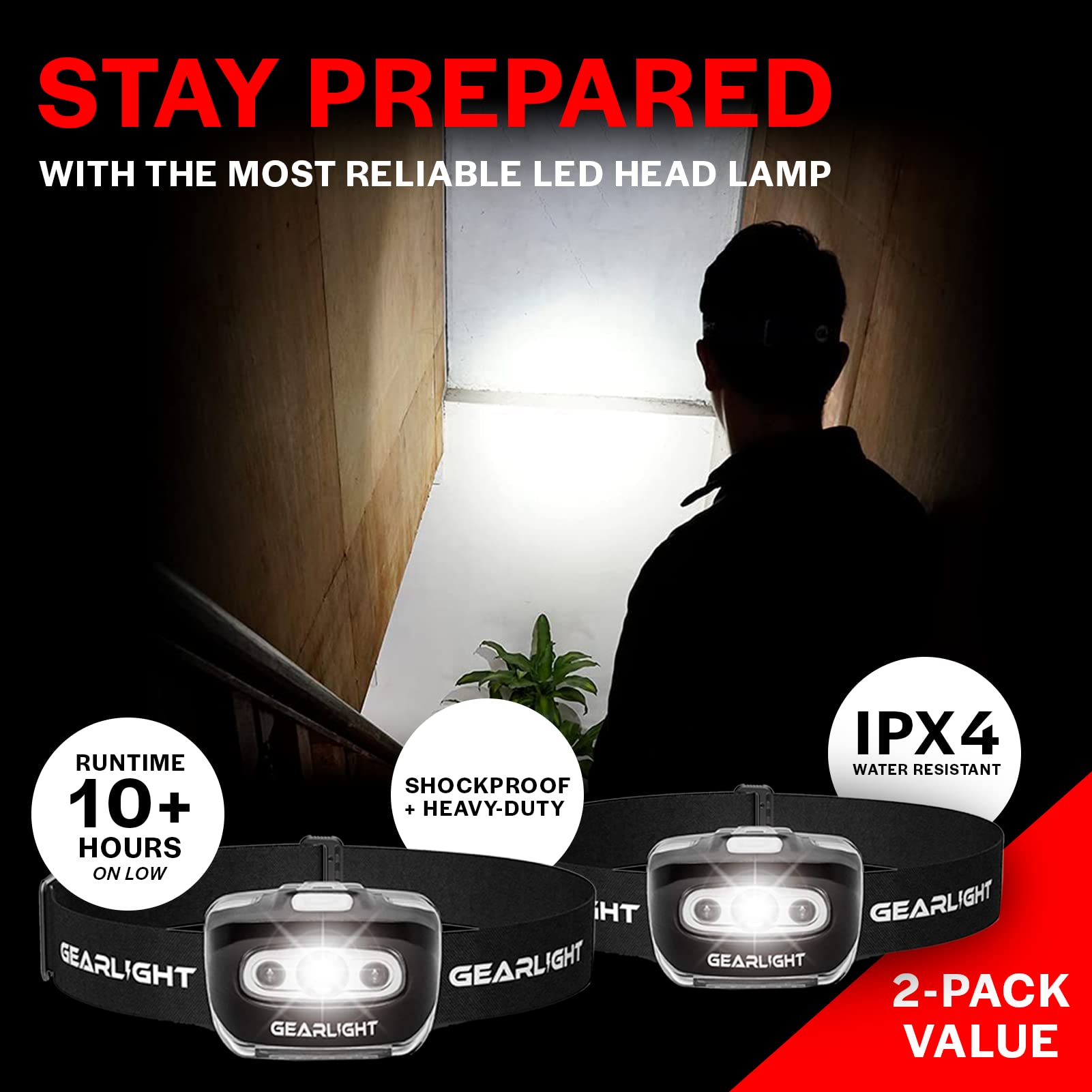 GearLight 2Pack LED Headlamp - Outdoor Camping Headlamps with Adjustable Headband - Lightweight Headlight with 7 Modes and Pivotable Head