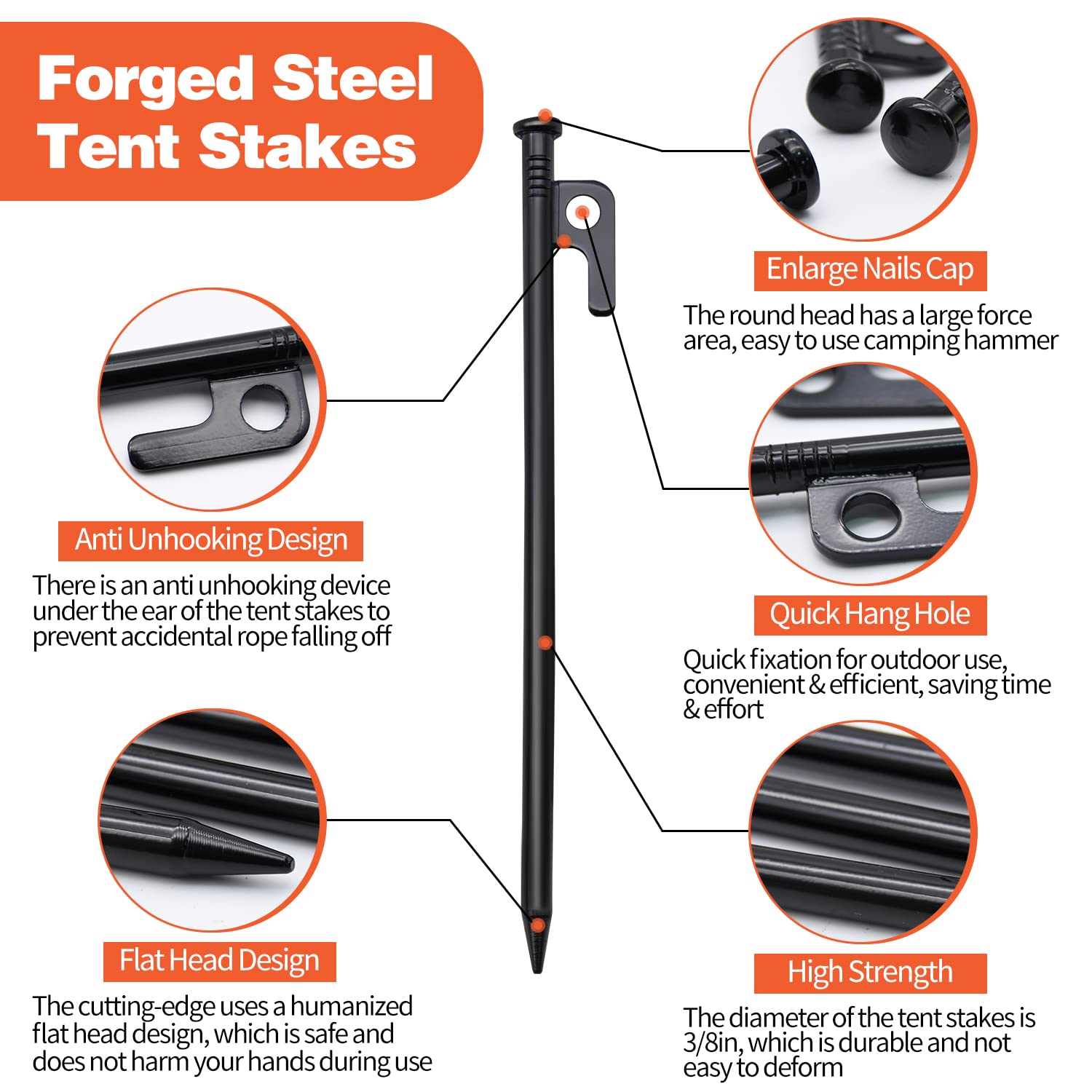 8pcs Tent Stakes and Hammer Set, 8in Heavy Duty Forged Steel Tent Stakes + Camping Hammer + Storage Pouch, Available in Rocky Place (8pcs 8in Stake+Hammer)