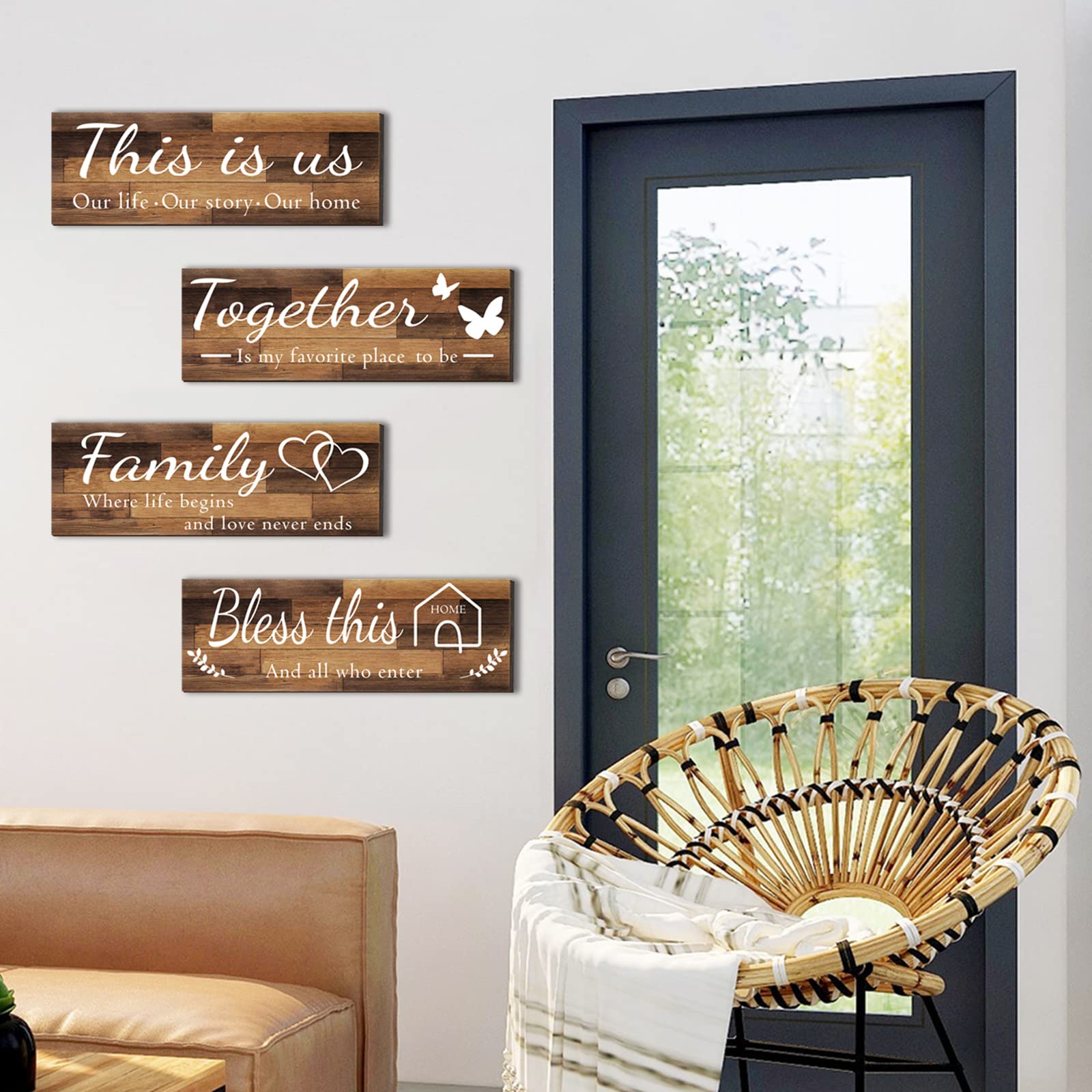 4 Pieces Home Wall Signs, THIS IS US/TOGETHER/BLESS THIS HOME/FAMILY Wall Decor For Living Room Bedroom, Rustic Wooden Farmhouse Wall Art , 4.7 x 13.8 Inch(Brown)