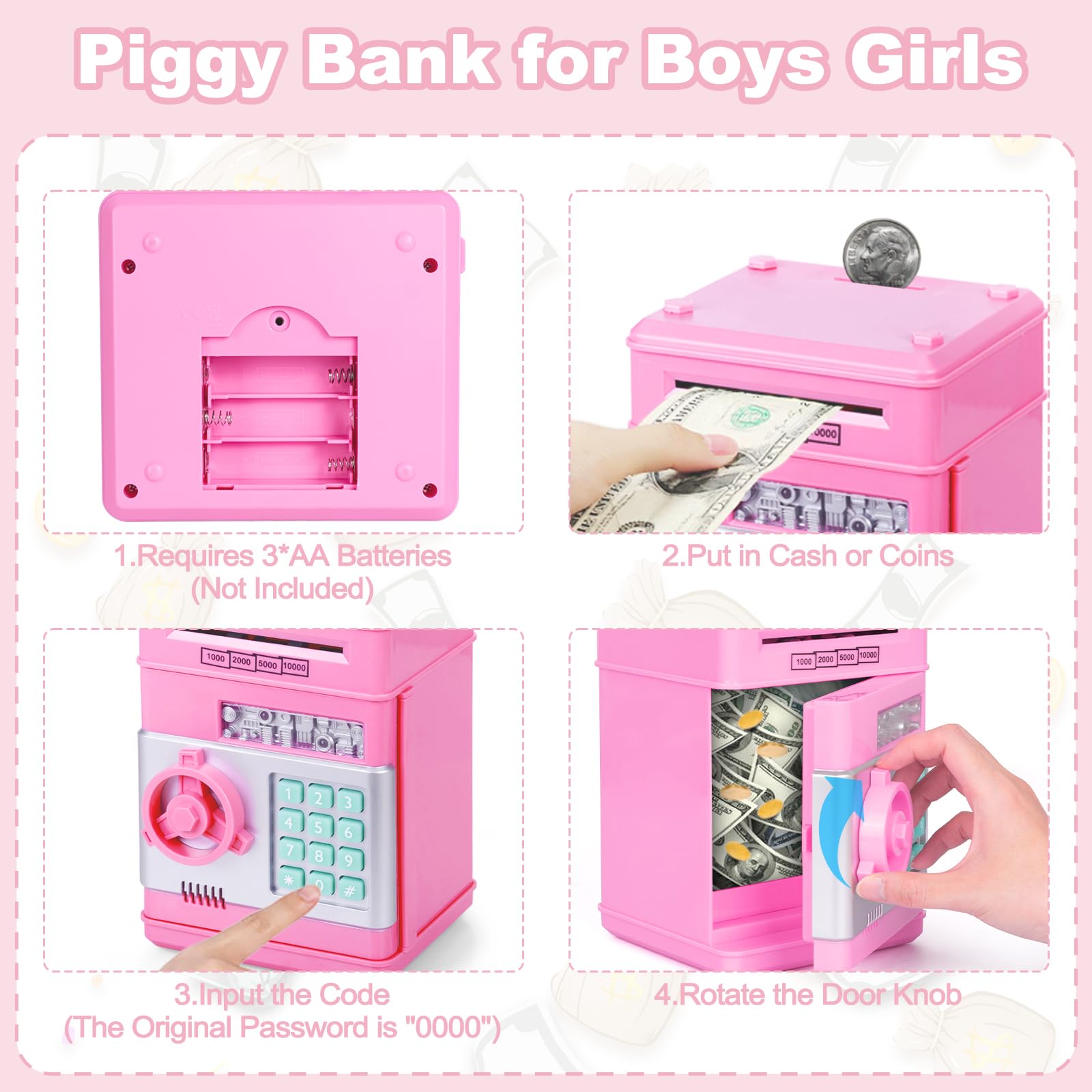 Refasy Piggy Bank for Girls 4-11 Years Old,Kids Safe Bank for Boys Christmas Birthday Gifts Toy for Kids Electronic ATM Money Bank for Adults Money Saving Box Safe Coin Bank Toy Kids Toys Pink