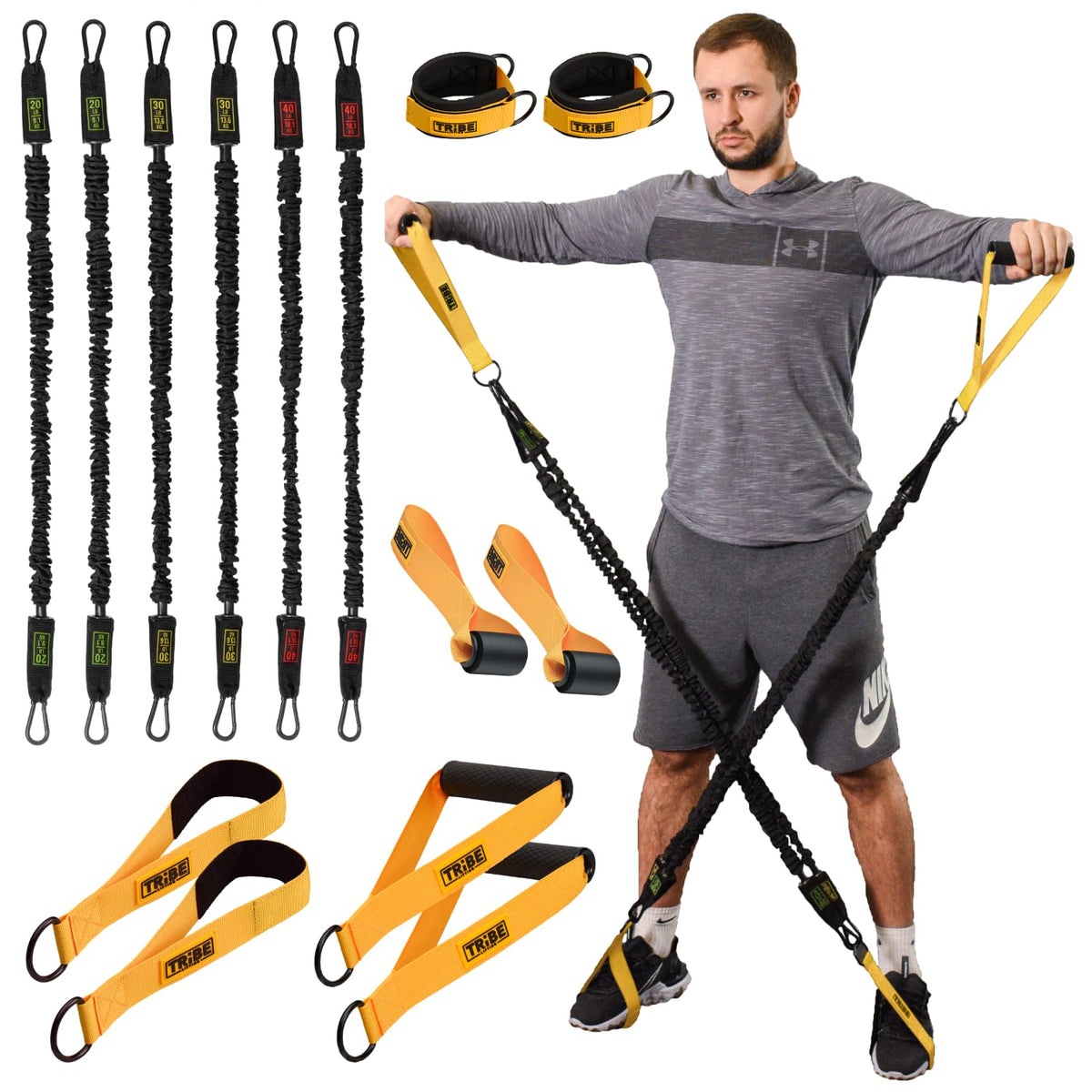 Tube Resistance Bands for Working Out Men and Women - Exercise Bands Resistance Bands Set, Handles, Ankle Straps, Foot Straps and Door Anchor, Tube Workout Bands (Yellow)
