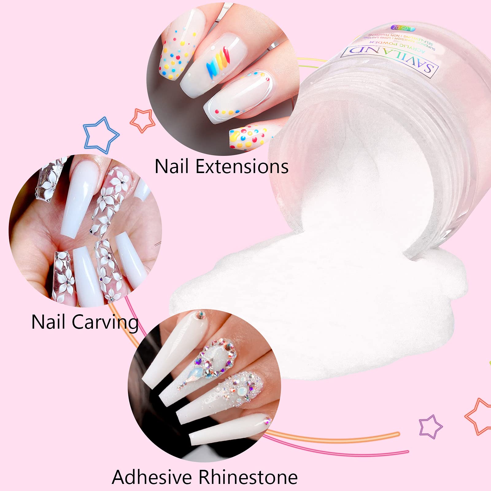 Saviland White Acrylic Powder - 30g Professional Acrylic Nail Powder for Acrylic Nails Extension, 3D Nail Art Polymer Powder, No Need Nail Lamp