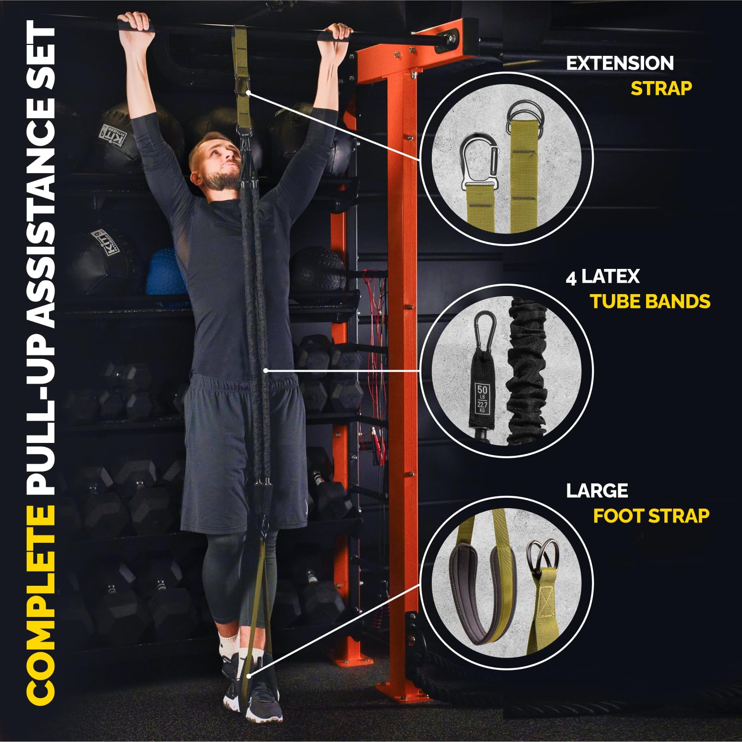 Pull Up Assistance Bands Set - 4 Heavy-Duty Pull Up Bands, Height Adjustable Strap & Comfortable Foot Strap - Stackable Pull Up Resistance Bands for Pull Ups - Pull Up Assist Bands (Military Green)