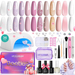 beetles Gel Nail Polish Kit with UV light Starter Kit,12 Spring Summer Colors Nude Jelly Pink White Purple Glitter Neutral Soak Off Uv LED Wedding Theme DIY Manicure Salon Pink Day Gifts for Women