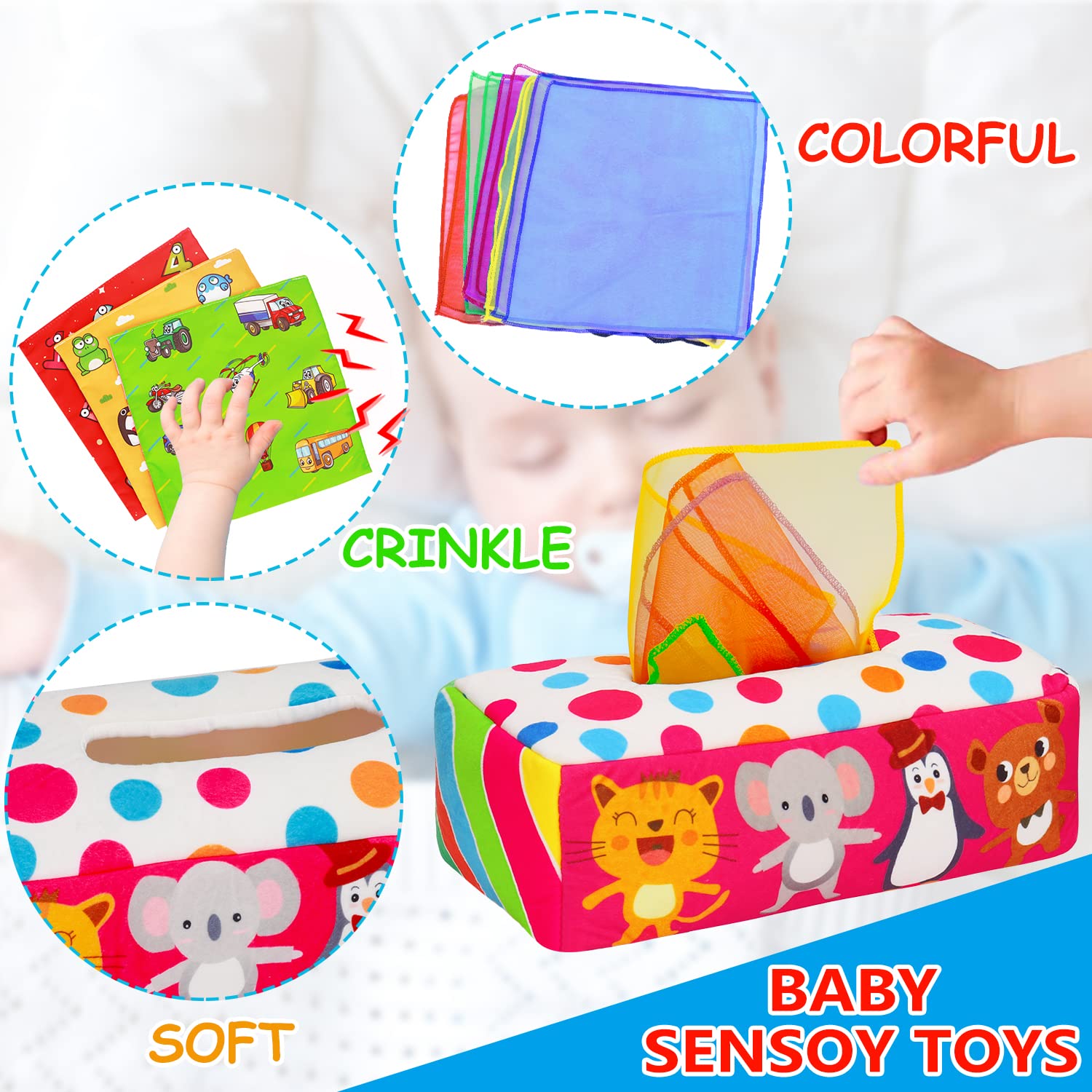 Baby Toys 3 4 5 6 7 8 9 12 Month Old Montessori Tissue Box Toys for Babies Infants 0-6 6-12 Months Sensory Educational Crinkle Toy Developmental Easter Treat Gift for 1 2 Year Old Boys Girls Toddlers