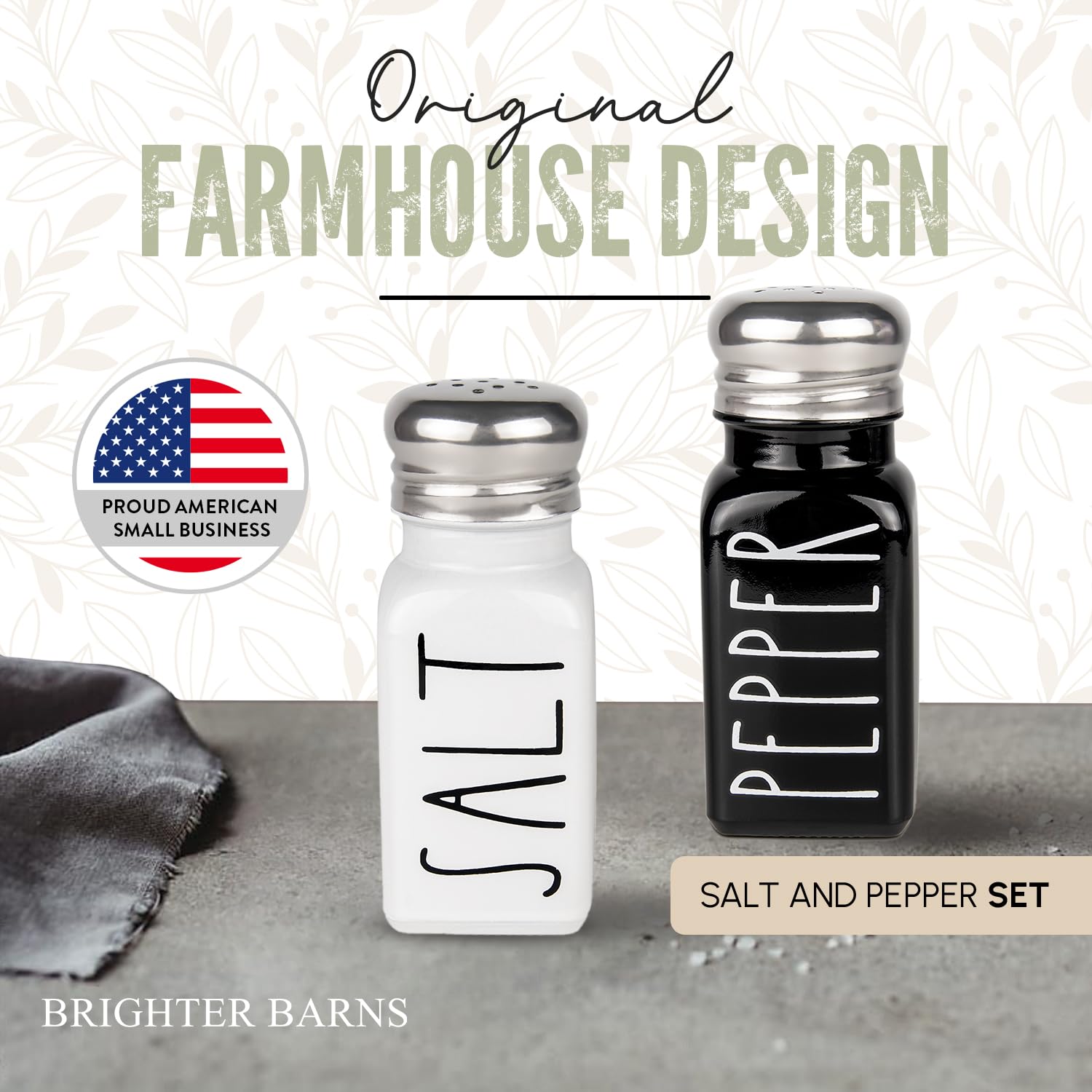 Salt and Pepper Shakers Set by Brighter Barns - Cute Modern Farmhouse Kitchen Decor for Home Restaurants Wedding - Gorgeous Vintage Glass Black White Shaker Sets with Stainless Steel Lids