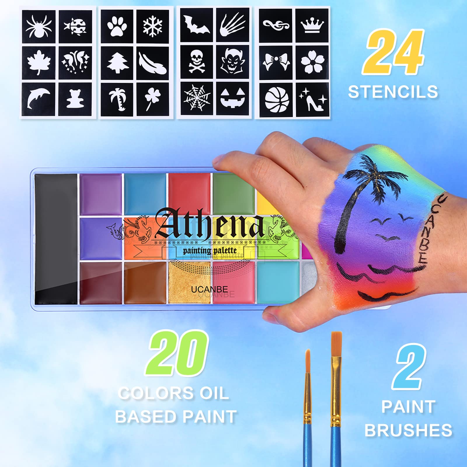 UCANBE Athena Face Body Painting Kit - 20 Color Large Deep Pan Paint, 24 Stencils, 2pcs Brushes, Professional Oil Based SFX Makeup Palette for Art, Theater, Halloween, Parties and Cosplay