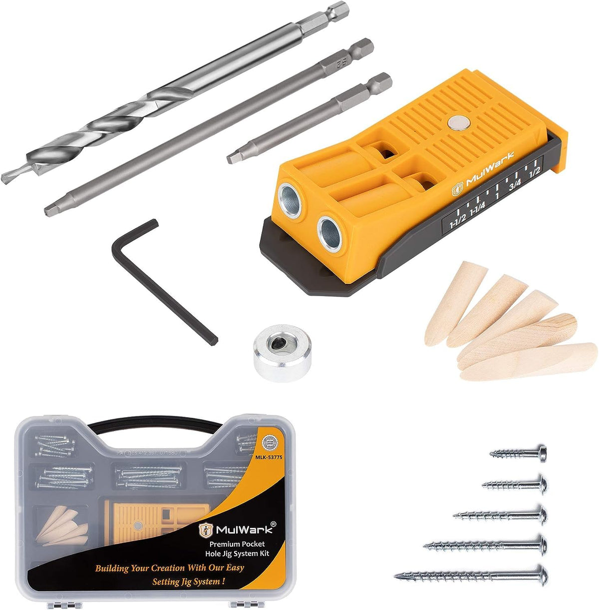 MulWark Mini Wood Pocket Hole Jig Kit - Two Pocket Screw Jig Kit with Drill Guide, Square Driver Bit, Hex Wrench, Step Drill Bit, Wooden Plugs and Screws - Mini Pocket Jig Hole Kit for Joinery Work