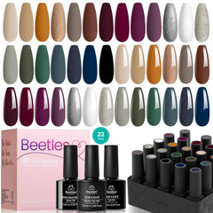 Beetles 23Pcs Gel Nail Polish Kit with Base Gel Glossy Matte Top Coat, Gray Brown Burgundy Red Purple Glitter Gel Polish Set Soak Off Uv Gel Nail Kit Gifts for Women Industrial Wave Collection