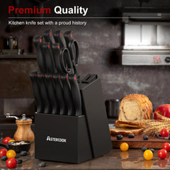 Astercook 15 Piece Knife Set with Sharpener Block - German Stainless Steel, Dishwasher Safe Kitchen Knives with Built-In Sharpener, Black