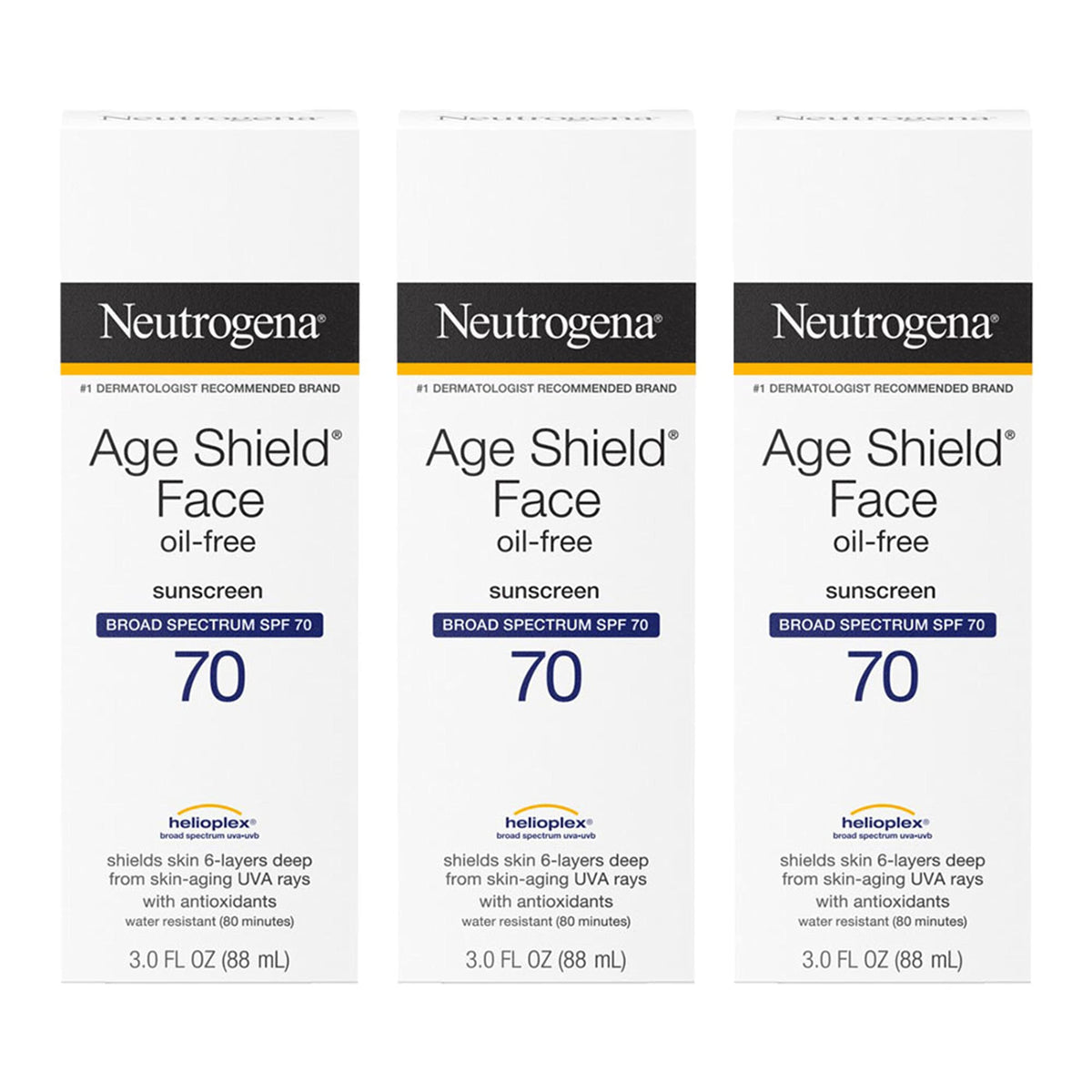 Neutrogena Age Shield Face Oil-Free Sunscreen Lotion with Broad Spectrum SPF 70, Non-Comedogenic Moisturizing Sunscreen to Help Prevent Signs of Aging, PABA-Free, 3 fl. oz (Pack of 3)