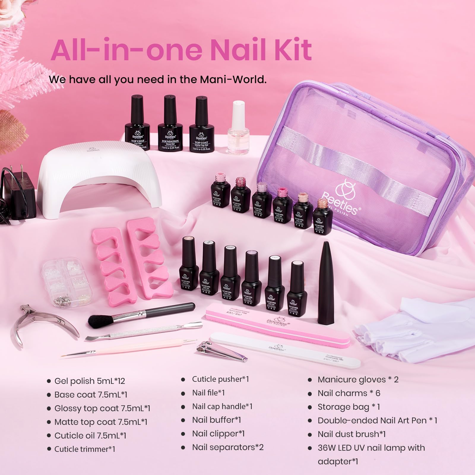 beetles Gel Nail Polish Kit with UV light Starter Kit,12 Spring Summer Colors Nude Jelly Pink White Purple Glitter Neutral Soak Off Uv LED Wedding Theme DIY Manicure Salon Pink Day Gifts for Women