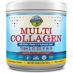 Terranics Multi Collagen Powder Type I II II V X with Biotin VC Hyaluronic Acid, Paleo & Keto Friendly, Skin Hair Nail & Joint Support, Bovine Marine Chicken & Eggshell, Unflavored