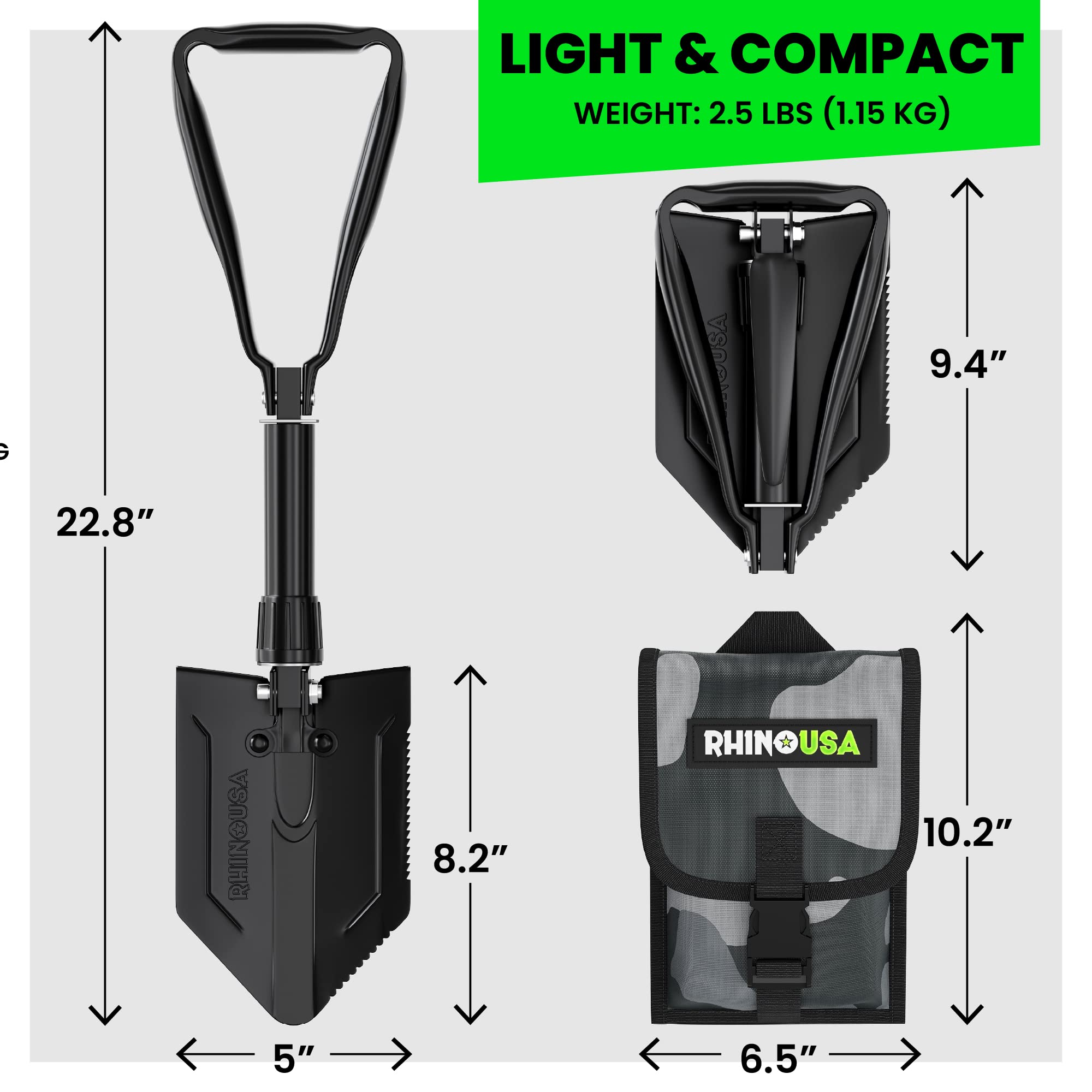 RHINO USA Folding Survival Shovel w/Pick - Heavy Duty Carbon Steel Military Style Entrenching Tool for Off Road, Camping, Gardening, Beach, Digging Dirt, Sand, Mud & Snow.