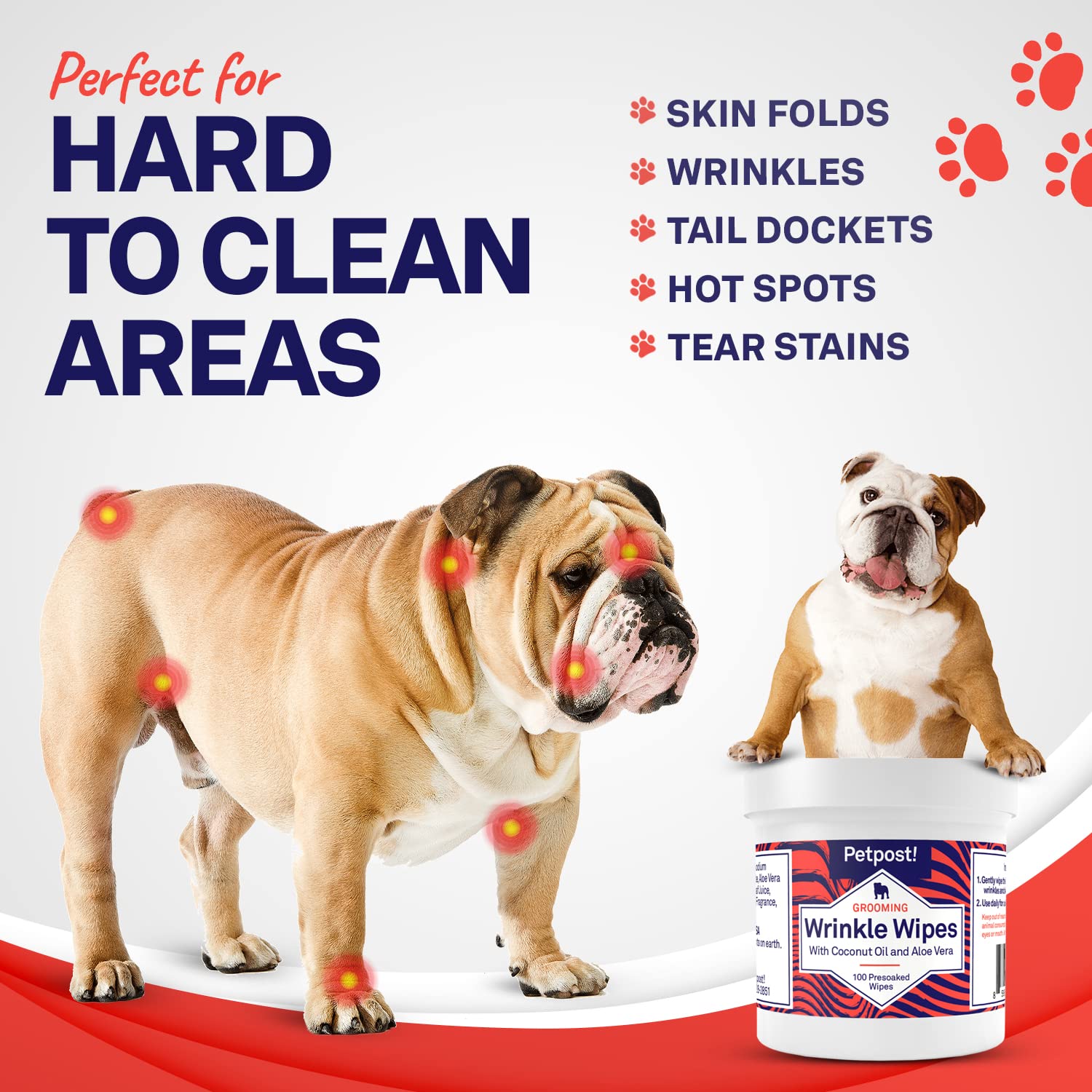 Petpost | Bulldog Wrinkle Wipes for Dogs - Cleans and Soothes Pug Wrinkles and Folds - Ultra Soft Cotton Pads in Coconut Oil Solution 100 ct.