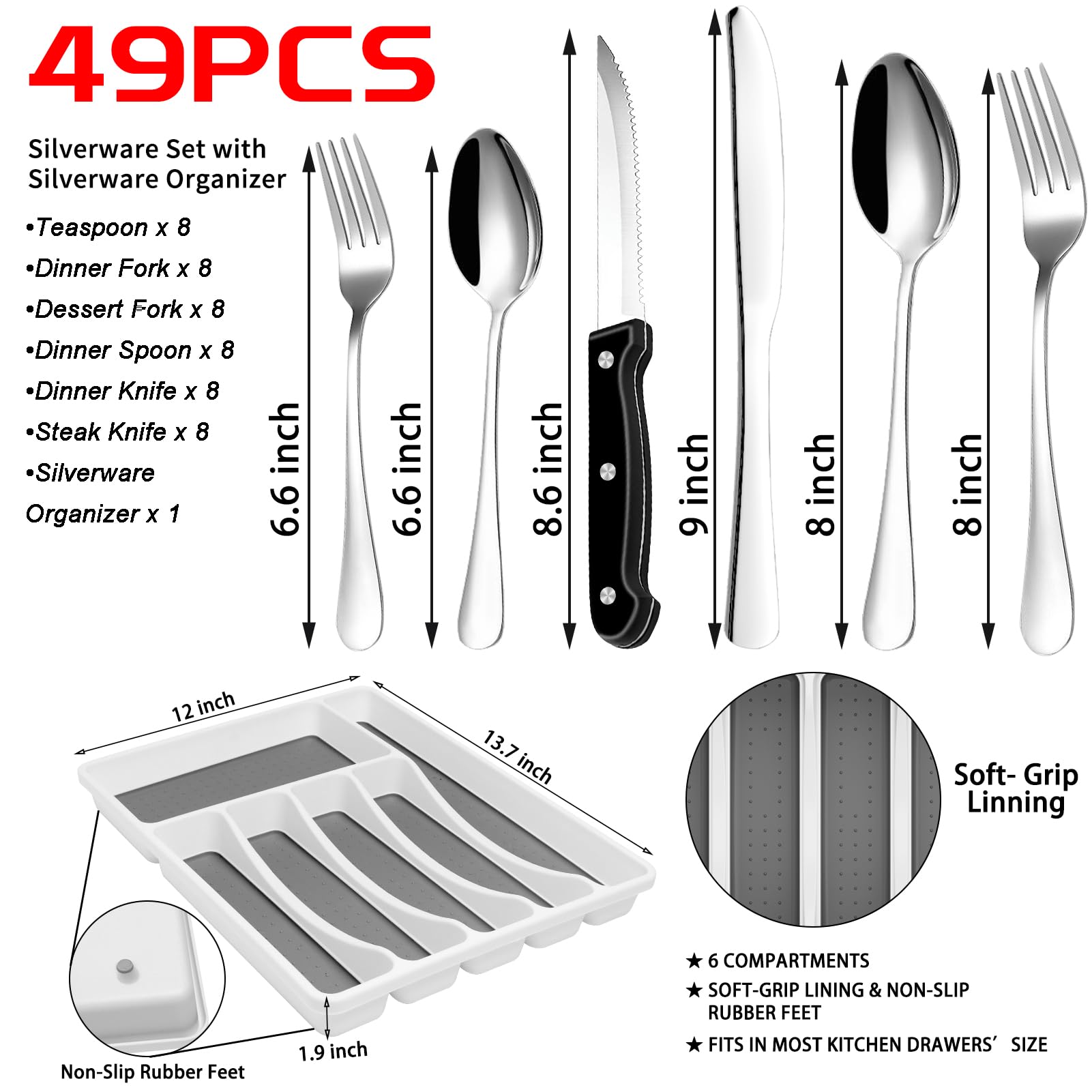 49-Piece Stainless Steel Silverware Set with Cutlery Organizer, Service for 8 with Steak Knives and Kitchen Utensils