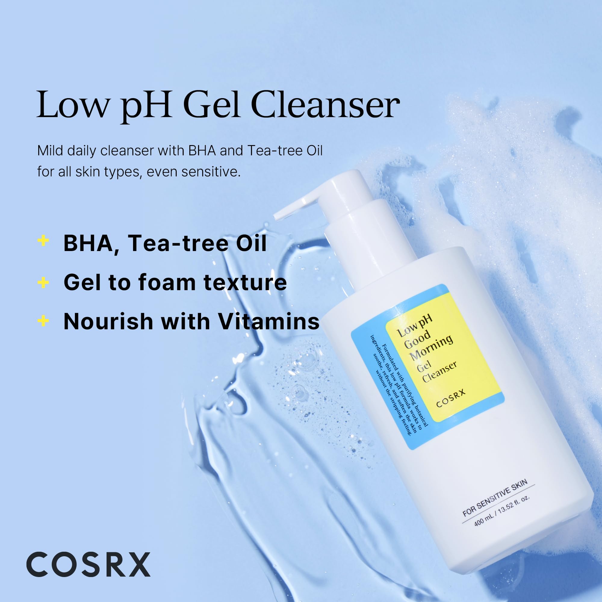 COSRX Low pH Good Morning Gel Cleanser, Daily Mild Face Cleanser for Sensitive Skin with BHA & Tea Tree Oil, PH Balancing, No Parabens, No Sulfates, Korean Skincare (13.52fl.oz/400ml)