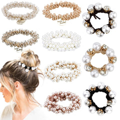 Ahoney 9Pcs Pearl Hair Ties Elastic Hair Scrunchies Hold Crystal Beads Bulk Hair Ropes Stretchy Handmade Boho Hair Accessories for Women Girls (Pearl&Crystal)