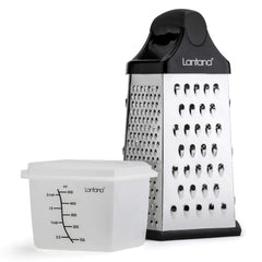 Lantana Cheese Grater with Container & Lid – Hand held Grater/Slicer/Zester with 6 Essential Kitchen functions for Coarse, Medium, Fine, Micro-Grating/Zesting/Slicing - Black/Polished Stainless Steel