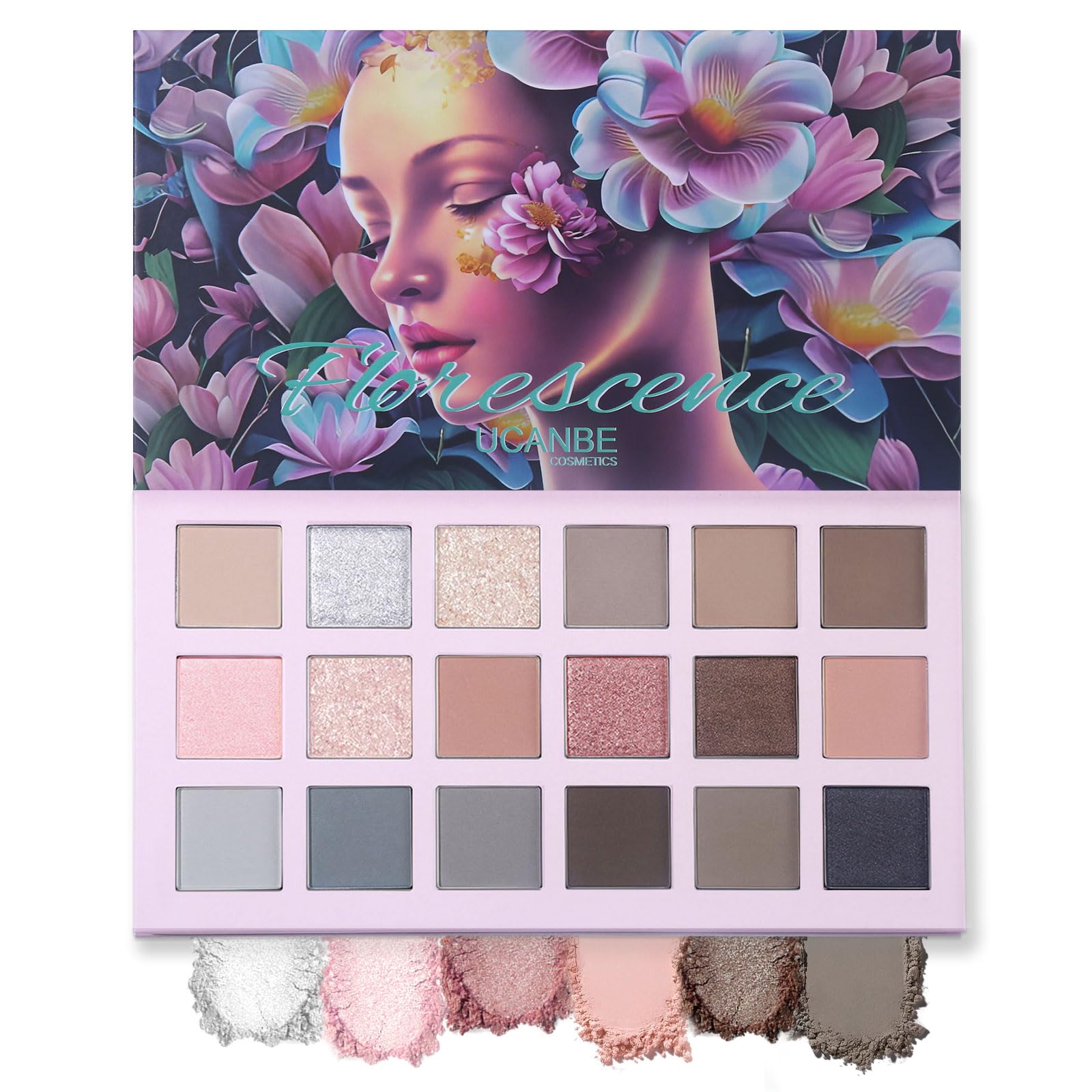 UCANBE Florescence Eyeshadow Palette,18 Colors Nude Neutral Brown Smokey Eye Shadow,Highly Pigmented Matte Shimmer Glitter Make Up Pallet for Women/Girl