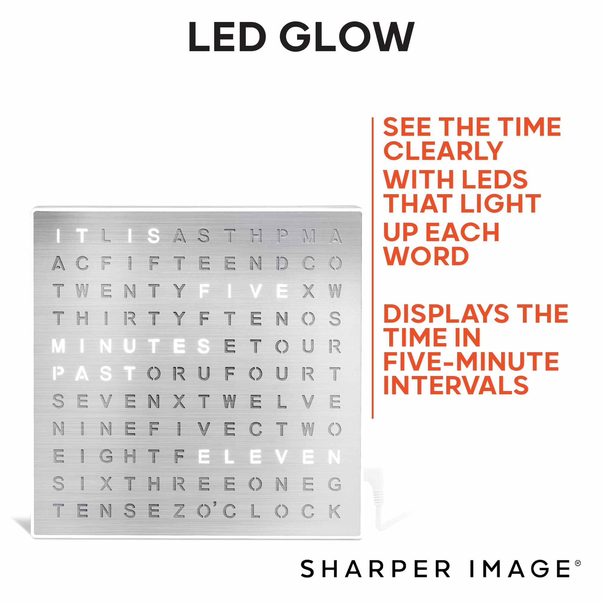 Sharper Image® LED Light-Up Word Clock [Amazon Exclusive] 7.75" Modern Design, Electronic Accent Wall & Desk Clock, USB Power Cord, Contemporary Home & Office Decor, Easy Setup, Housewarming Gift