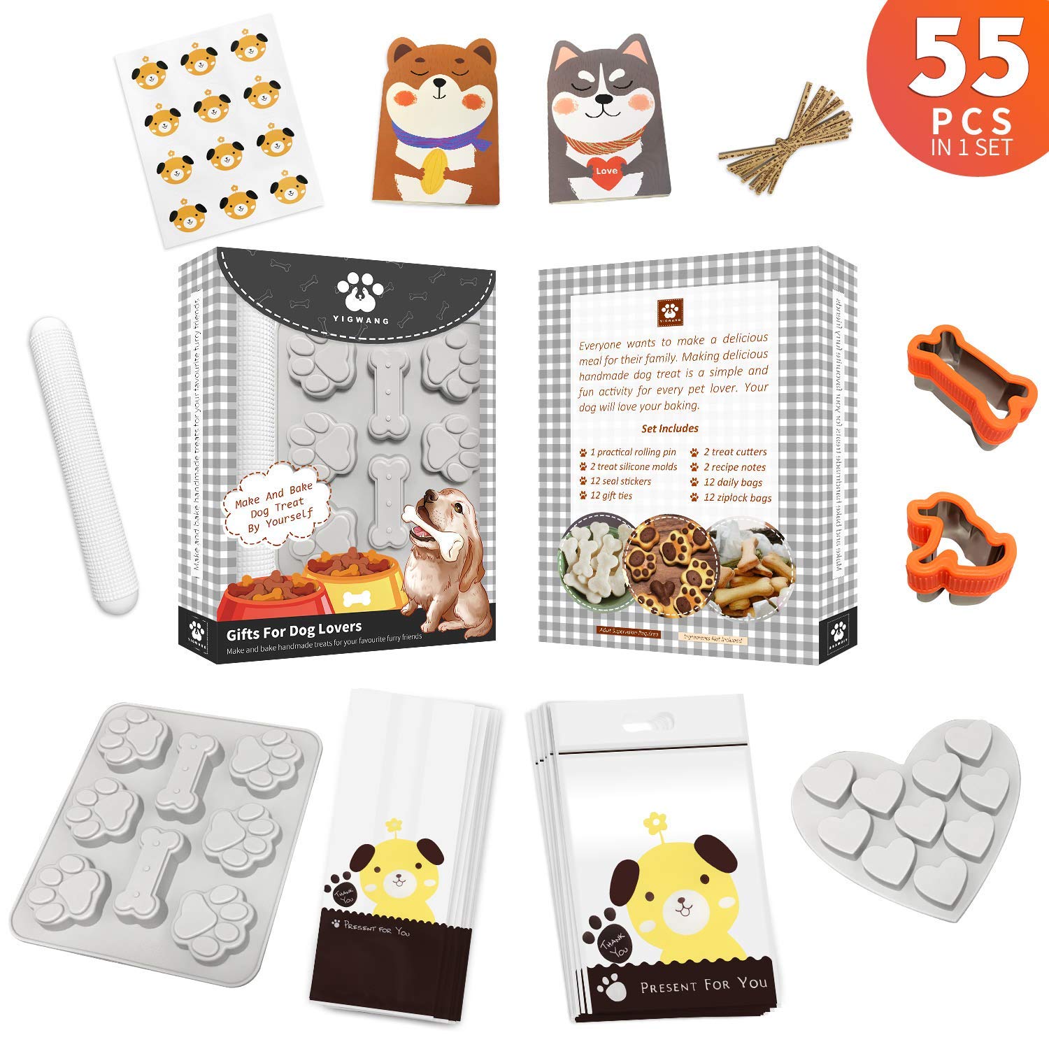 YIGWANG 55 Pcs Dog Treat Maker, Make Your Own Dog Treats Kit for Kids, Including 2 Dog Treat Cookie Cutters and Mold, 2 Dog Treat Recipes Book, 24 Dog Treat Bags, etc.