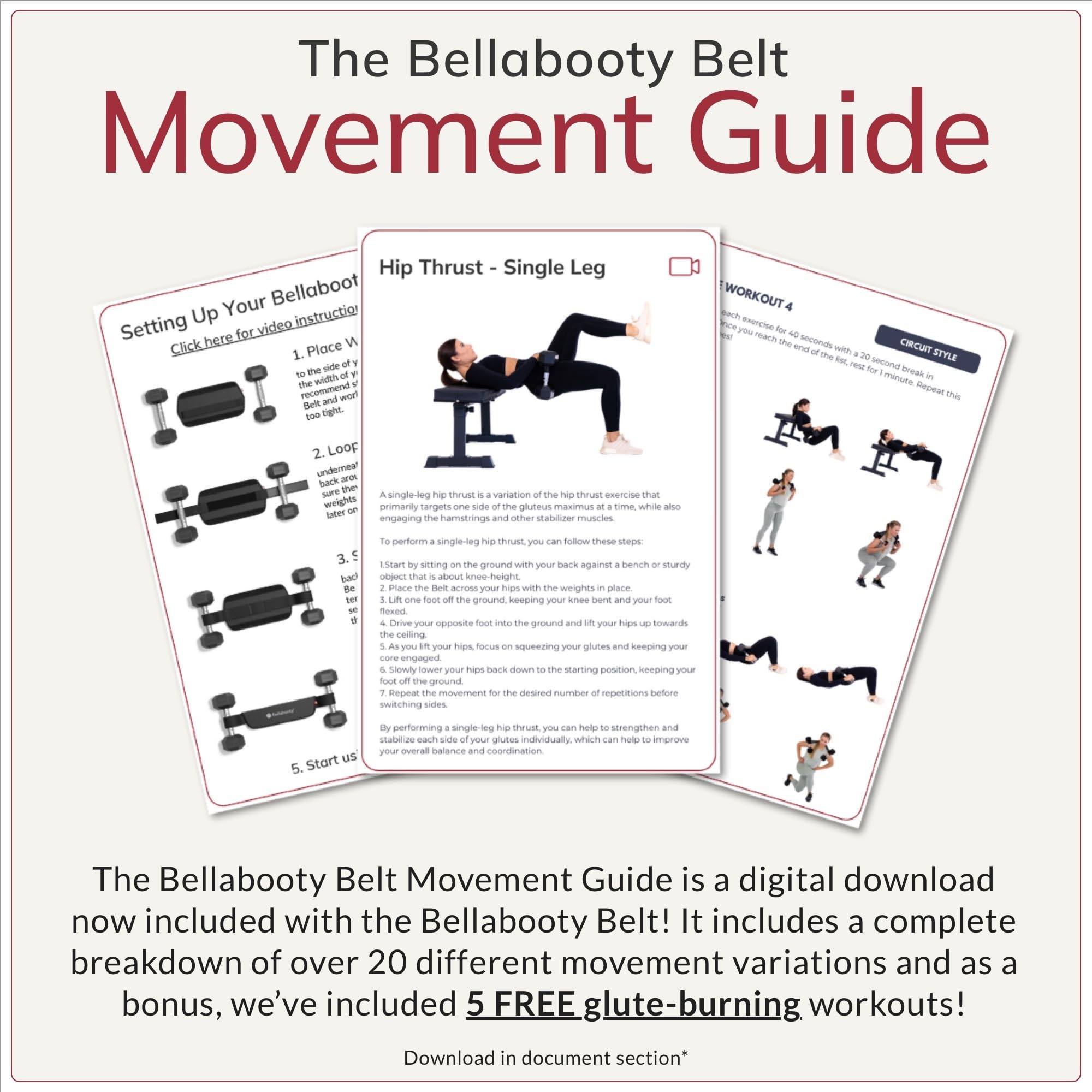 Bellabooty Exercise Hip Thrust Belt, Easy to Use with Dumbbells, Kettlebells, or Plates, Slip-Resistant Padding that Protects Your Hips for the Gym, Home Workouts, or On the Go