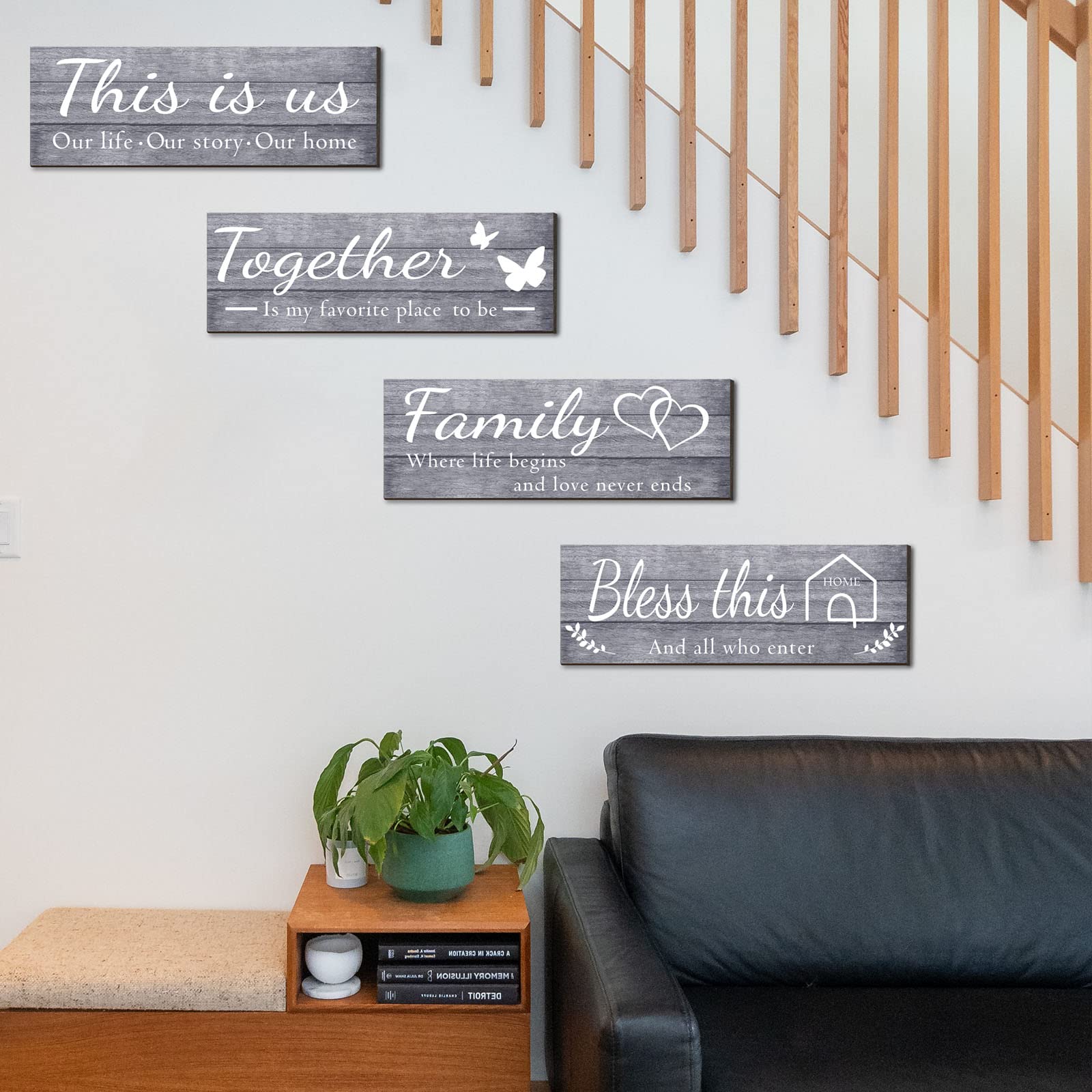 Joyhawk 4 Pieces Wall Decor Signs, THIS IS US, TOGETHER, BLESS THIS HOME, FAMILY Rustic Wooden Farmhouse Wall Art Décor For Living Room Bedroom Kitchen, , 4.7 x 13.8 Inch(Grey)