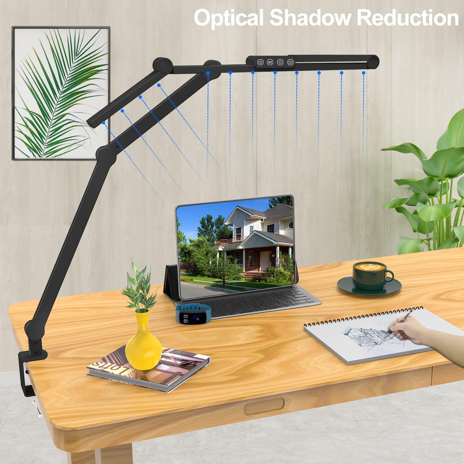 Micomlan Led Desk Lamp with Clamp, Architect Desk Lamp for Home Office with Atmosphere Lighting, 24W Ultra Bright Auto Dimming Desk Light Stepless Dimming and Tempering LED Table Light