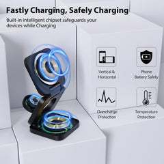 KU XIU X55 Fast Wireless Charger, Magnetic Foldable 3 in 1 Charging Station for iPhone 15/14/13/12/Pro/Plus/Pro Max, 5W Portable Charger for Apple Watch9/8/7/6/5/4/3/2/SE, for Airpods3/2/Pro-Black