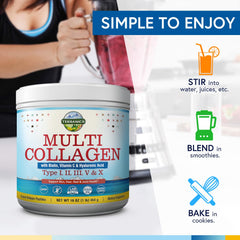 Terranics Multi Collagen Powder Type I II II V X with Biotin VC Hyaluronic Acid, Paleo & Keto Friendly, Skin Hair Nail & Joint Support, Bovine Marine Chicken & Eggshell, Unflavored