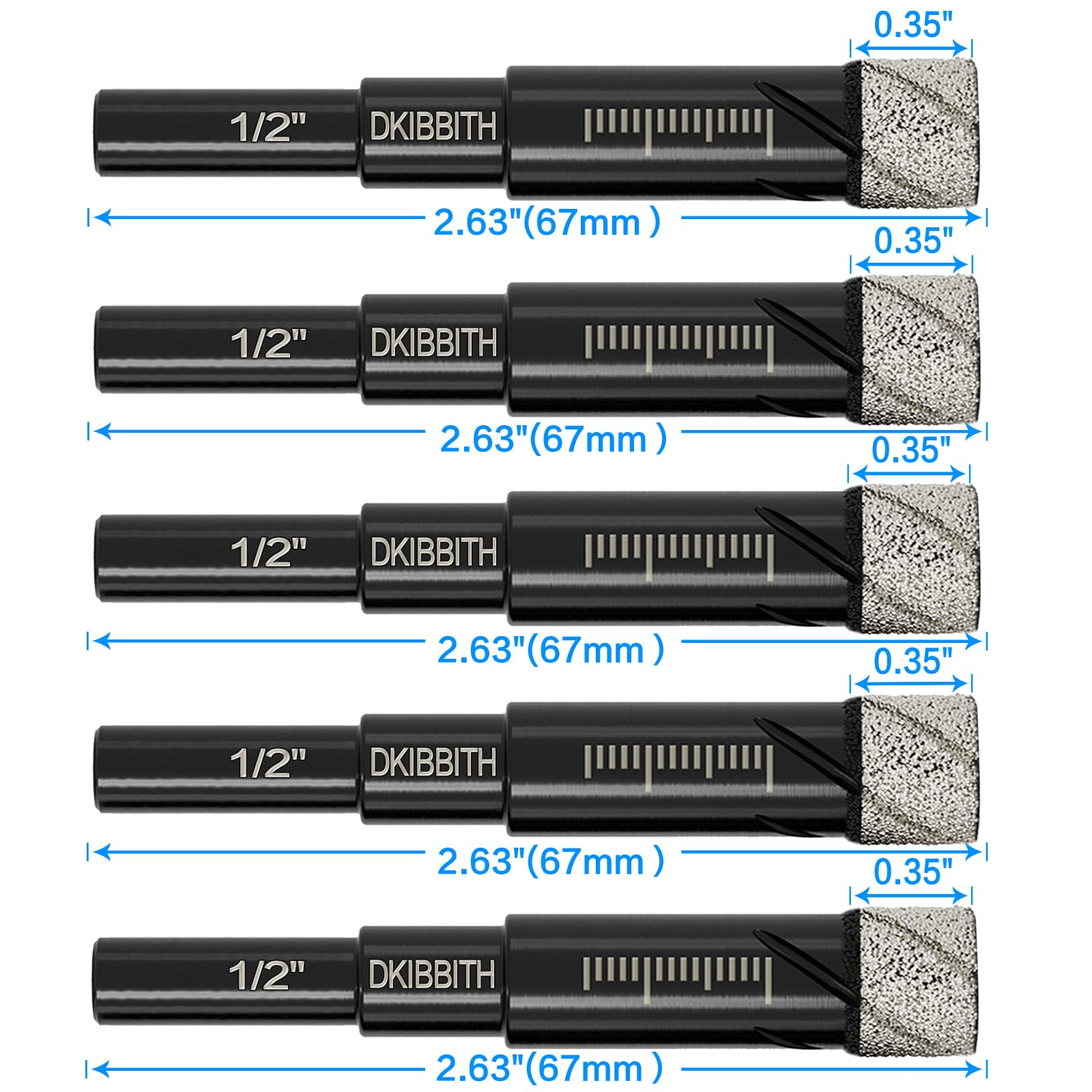 5-Pack 1/2" Dry Diamond Drill Bits Set, 12mm Tile Drill bits for Ceramic Porcelain Marble Granite Tile Stone Glass Brick, Integrated Coolant for Fast Dry Drilling, Round Shank, with Storage Case