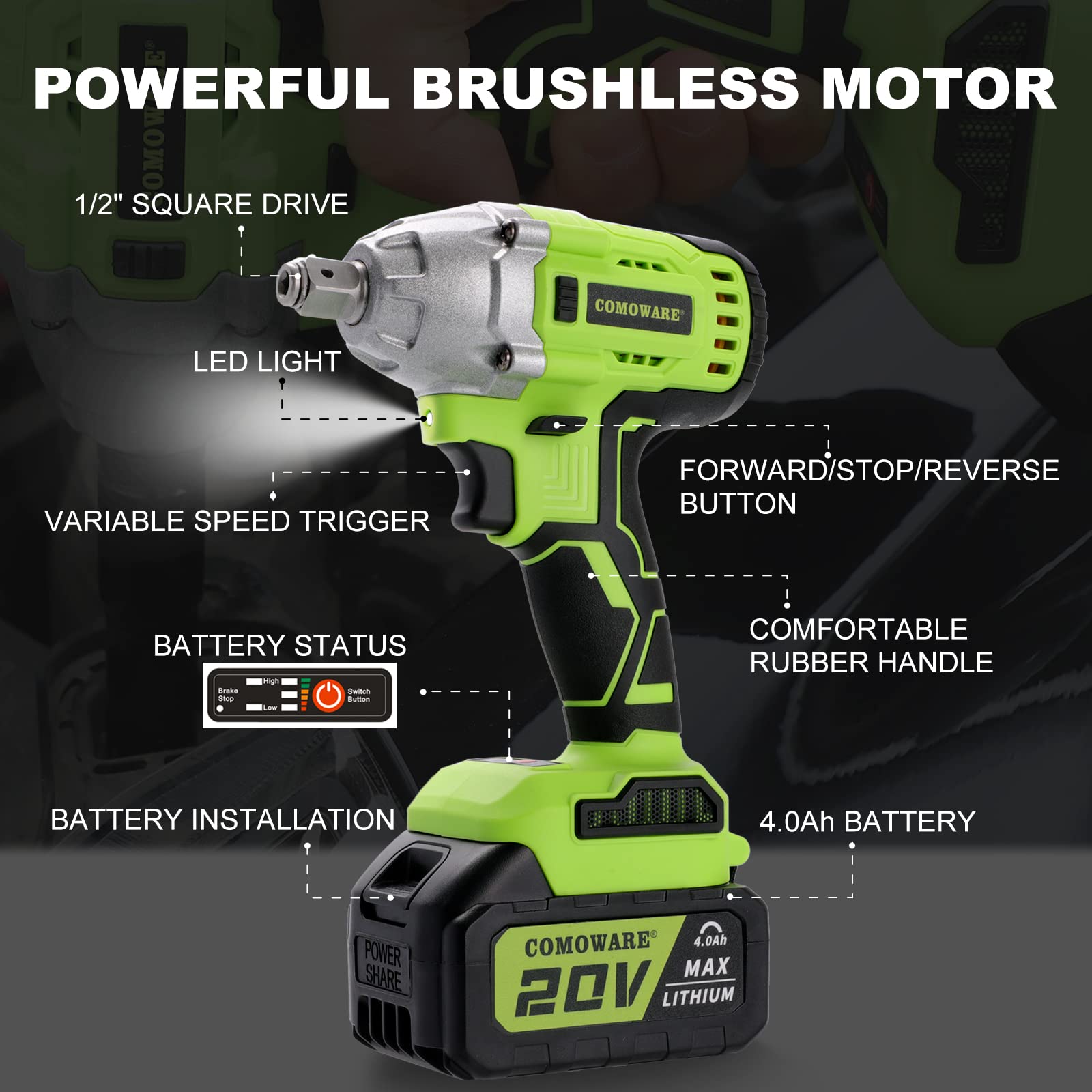 COMOWARE Cordless Impact Wrench 1/2 inch Impact Gun, 300 Ft-lbs (400N.m) Max Torque 4.0Ah Li-ion Battery, 20V Brushless Power Impact Driver Kit with 1 Hour Fast Charger, 10 Pcs Impact Sockets and Bits