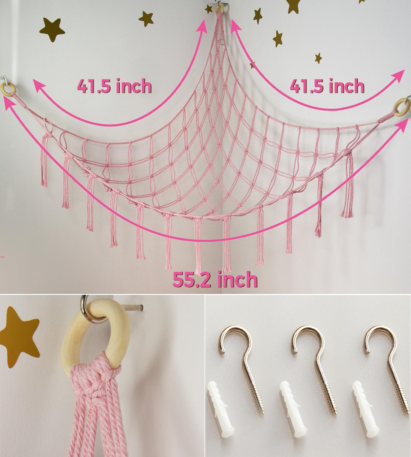 mirolam Large Stuffed Animal Hammock Corner Net for Toys Storage Hanging Stuff Animal Organizer Holder Pink Girls Living Room Bedroom Boho Nursery Dorm Decor