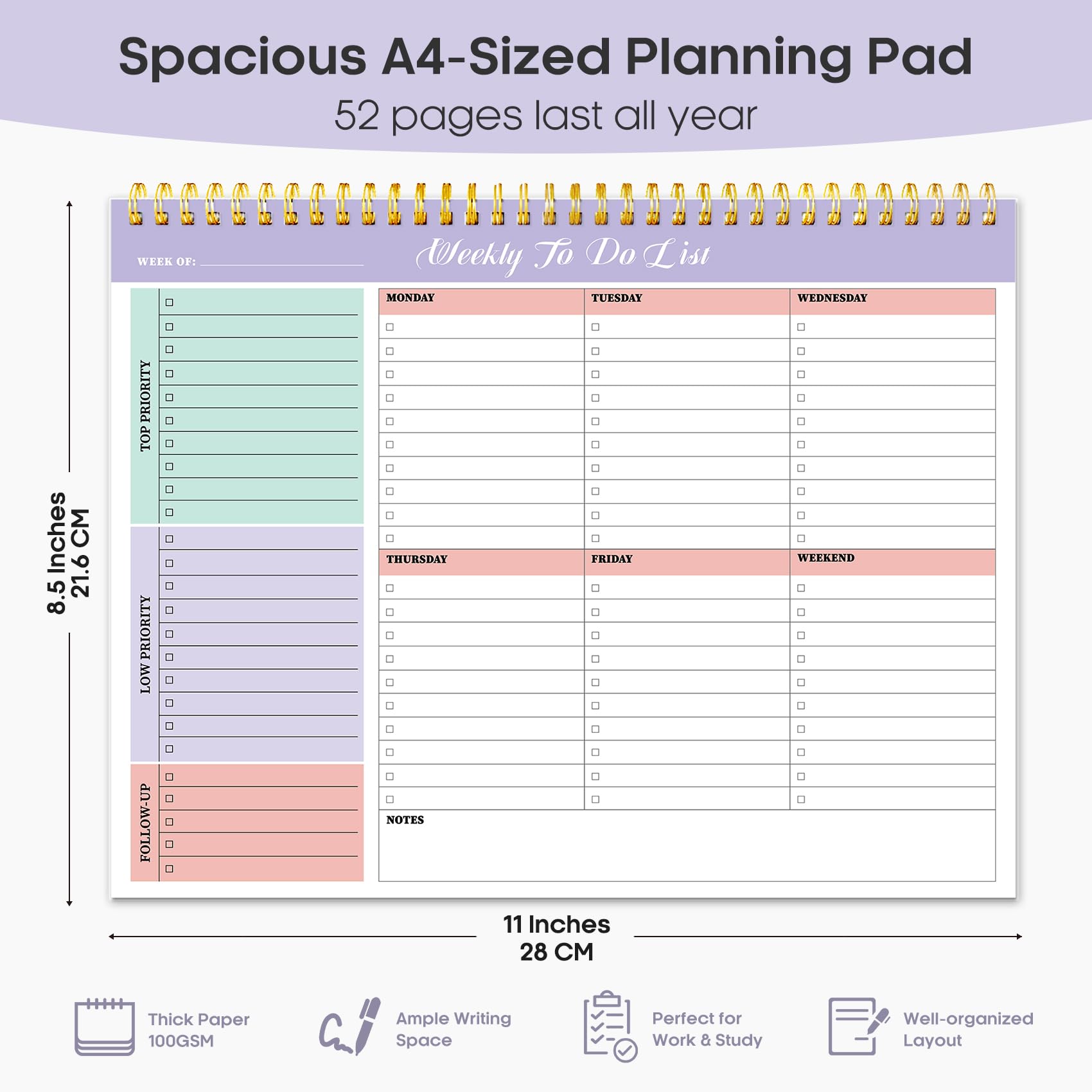 Weekly To Do List Notepad with 52 Undated Sheets（8.5"×11"）- Weekly Desk Planner for Women & Man, Work and Home - Violet Dream