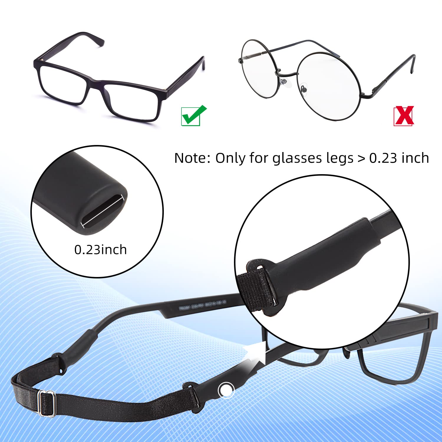 Adjustable Glasses Straps - 3 Pcs No Tail Adjustable Eyewear Retainer Glasse Strap for Men's Glasses Straps, Kids' Glasses Straps, Women's Glasses Straps, Sunglasses Straps, Black(7.5-13.5 inch)