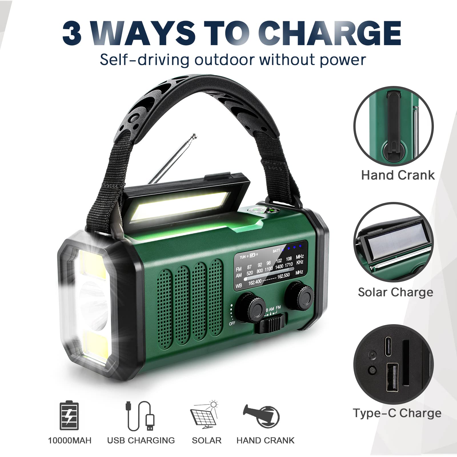 10000mAh Crank Radio, Emergency Radio, Solar Radio, NOAA/AM/FM Weather Radio, USB Type-C Charging, Dynamo Radio, Polymer Battery, Torch & LED Reading Light, SOS Alarm, Compass for Camping Green