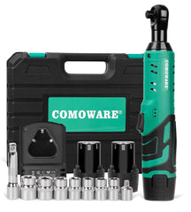 COMOWARE 3/8 Cordless Electric Ratchet Wrench Kit, 40ft-lbs Torque, 12V Power, 8 Sockets, LED Light, Fast Charger, Ergonomic Design