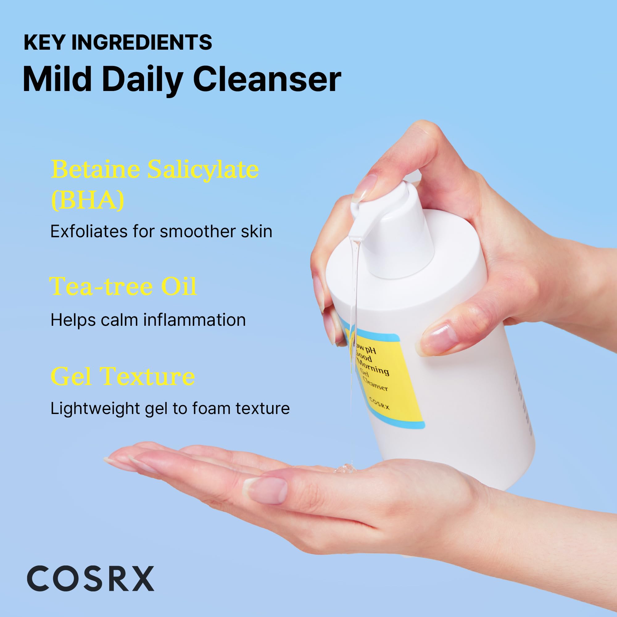 COSRX Low pH Good Morning Gel Cleanser, Daily Mild Face Cleanser for Sensitive Skin with BHA & Tea Tree Oil, PH Balancing, No Parabens, No Sulfates, Korean Skincare (13.52fl.oz/400ml)