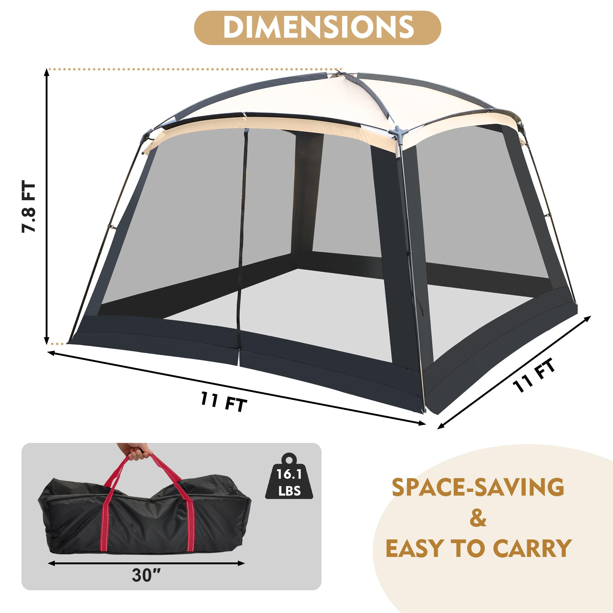 GREGIN Screen House Room 11x11 Ft Mesh Net Tent Canopy Shelter Gazebo, Easy Setup & Waterproof & Sunshade, Suitable for Camping Trip, Backyard, Beach, Picnic - Sand