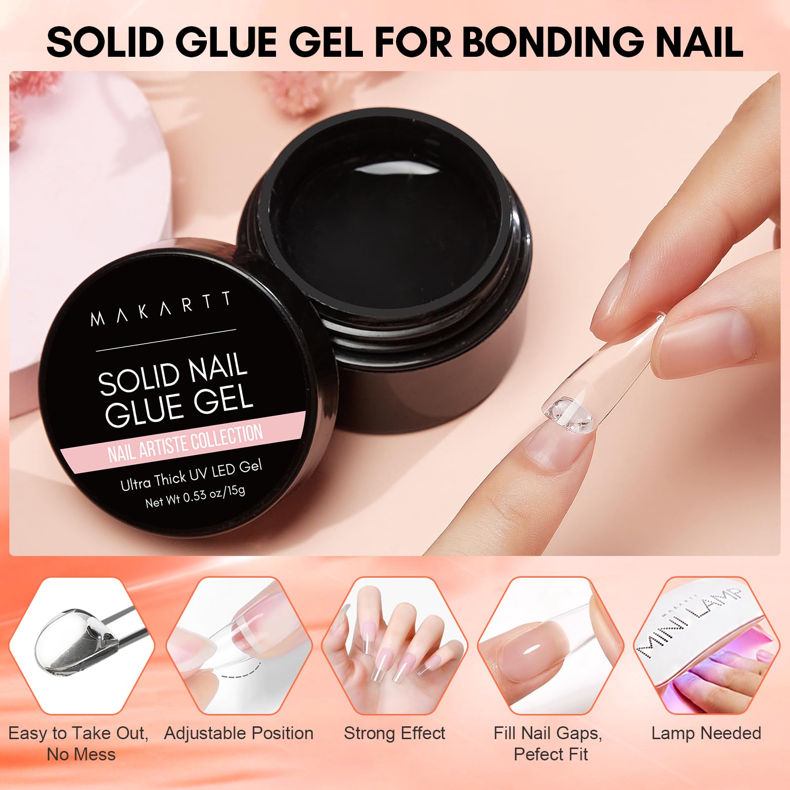 Makartt Solid Gel Nail Glue for False Nail Tips Glue Gel 0.5 floz Lamp Curing Needed Super Adhesive Press on Nails Glue for Fake Nail Long Lasting Nail Art Salon Home Use