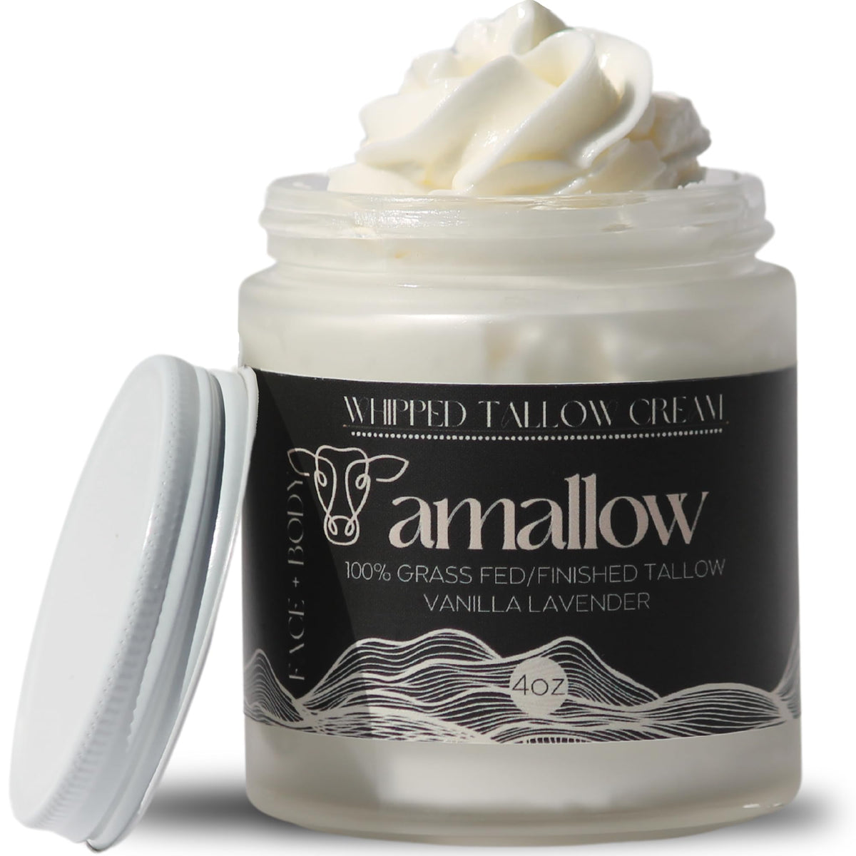 Amallow 100% Grass Fed Beef Tallow for Skin Care - Face + Body - Whipped Moisturizer - 100% Natural Lotion, 4 FL. oz. (Vanilla Lavender)