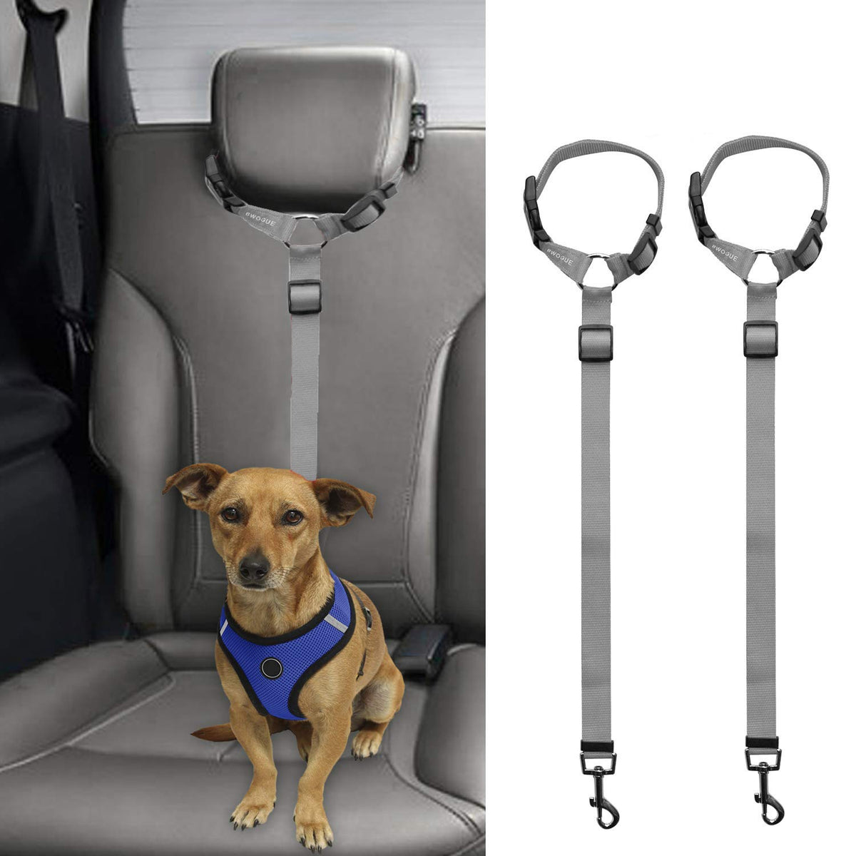 BWOGUE 2 Packs Dog Cat Safety Seat Belt Strap Car Headrest Restraint Adjustable Nylon Fabric Dog Restraints Vehicle Seatbelts Harness Grey