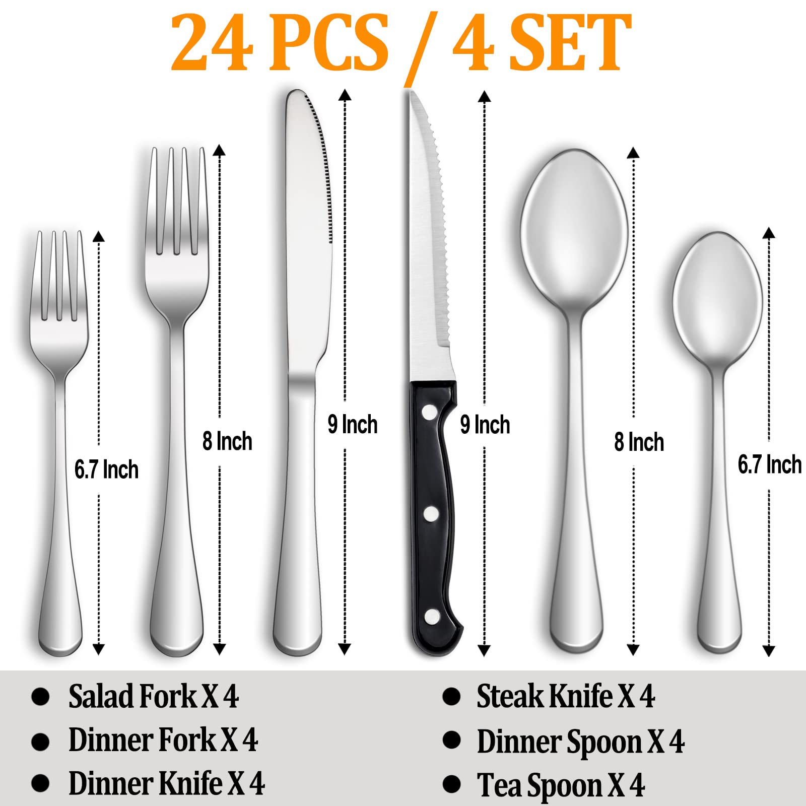 24 Pcs Silverware Set with Steak Knives Service for 4,Stainless Steel Flatware Set,Mirror Polished Cutlery Utensil Set,Home Kitchen Eating Tableware Set,Include Fork Knife Spoon Set,Dishwasher Safe