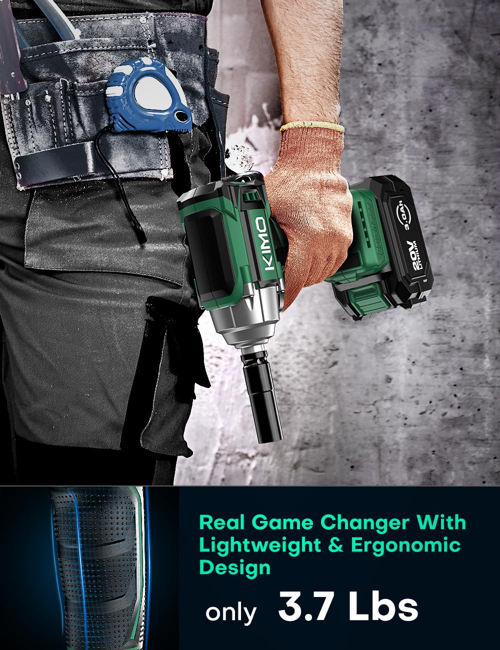 KIMO Cordless Impact Wrench, 3000 RPM & Max Torque 350 ft-lbs (475N.m), 1/2 Impact Gun with 2x 3000mAh Li-ion Battery, 1/2 Impact Driver w/7 Impact Sockets, 3 Inch Extension Bar, 1 Hour Fast Charger