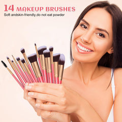 BS-MALL New 14 Pcs Makeup Brushes Premium Synthetic Kabuki Makeup Brush Set Cosmetics Foundation Blending Blush Eyeliner Face Powder Brush Makeup Brush Kit(golden Pink)