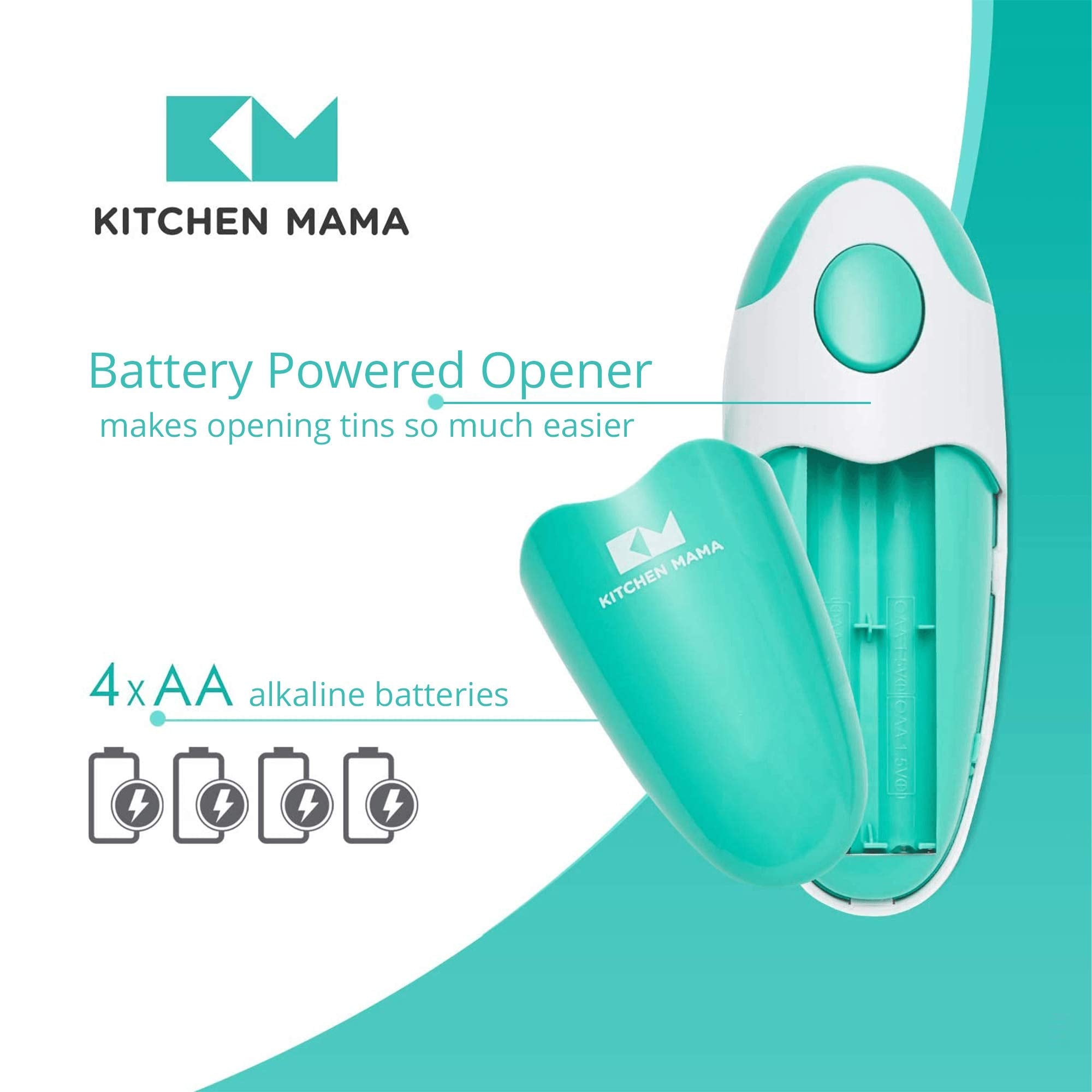 Kitchen Mama Auto Electric Can Opener: Open Your Cans with A Simple Press of Button - Automatic, Hands Free, Smooth Edge, Food-Safe, Battery Operated, YES YOU CAN (Teal)