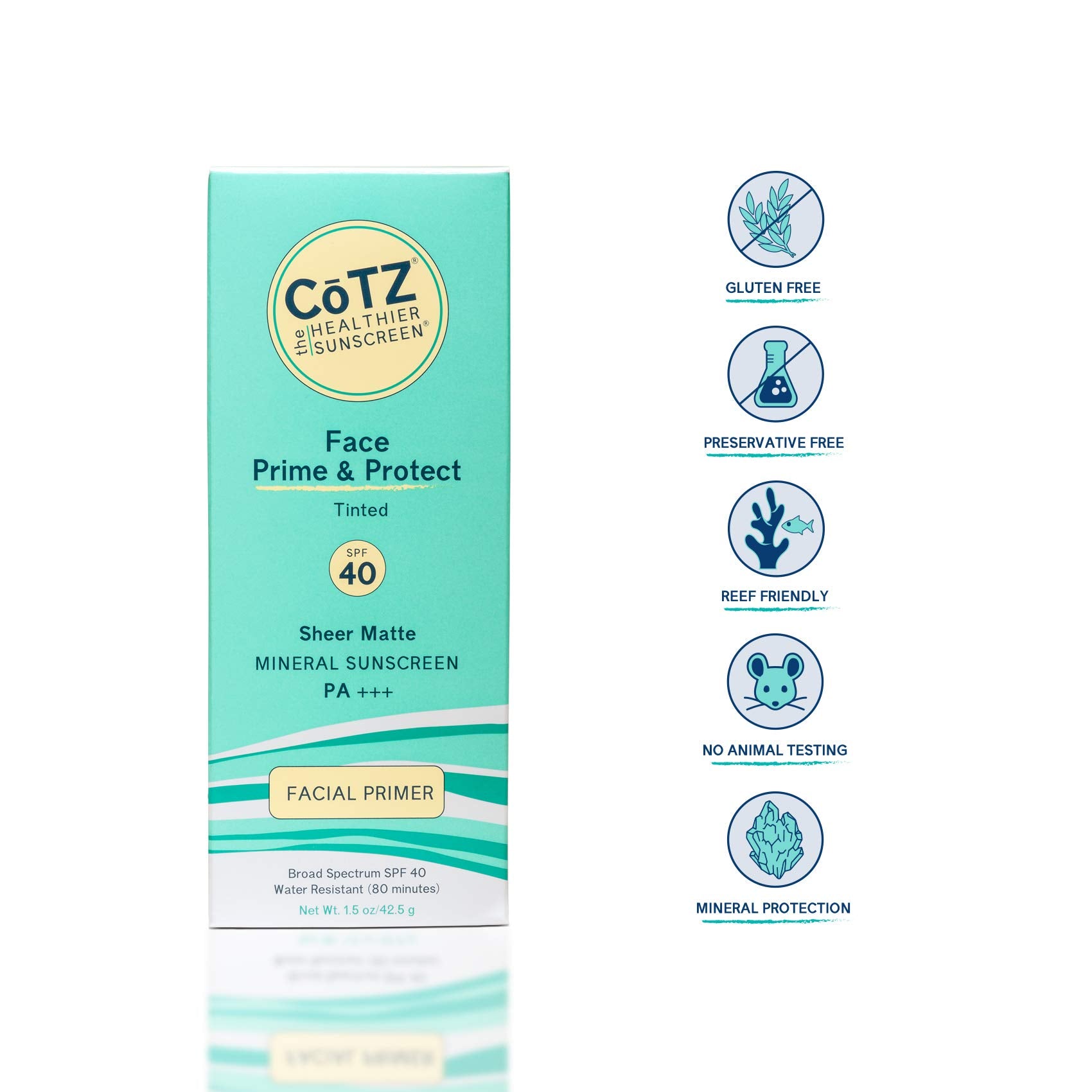 COTZ Face Prime & Protect Tinted Mineral Sunscreen and Facial Primer Broad Spectrum SPF 40; PA+++ 1.5 oz / 42.5 g.